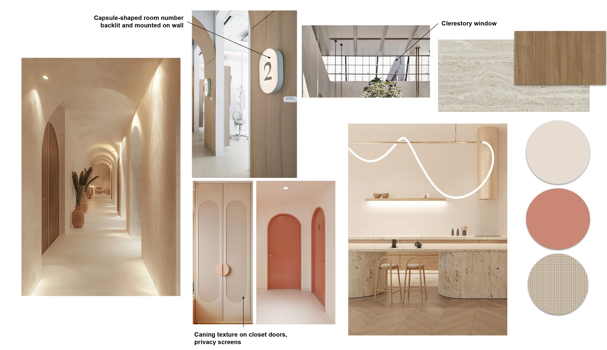 Interior design concept board for Aliso Dermatology clinic showcasing warm beige color palettes, inspiration for peach arched doorways, and natural wood textures.