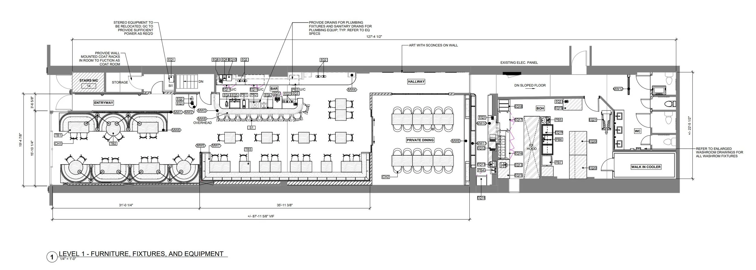 Restaurant floor plan layout for interior design project in Oakville showing bar, dining area, private dining room, and back-of-house planning