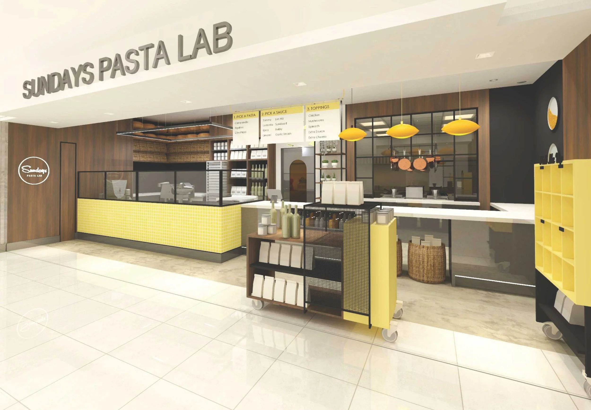 Industrial style pasta restaurant with pops of yellow and walnut wood