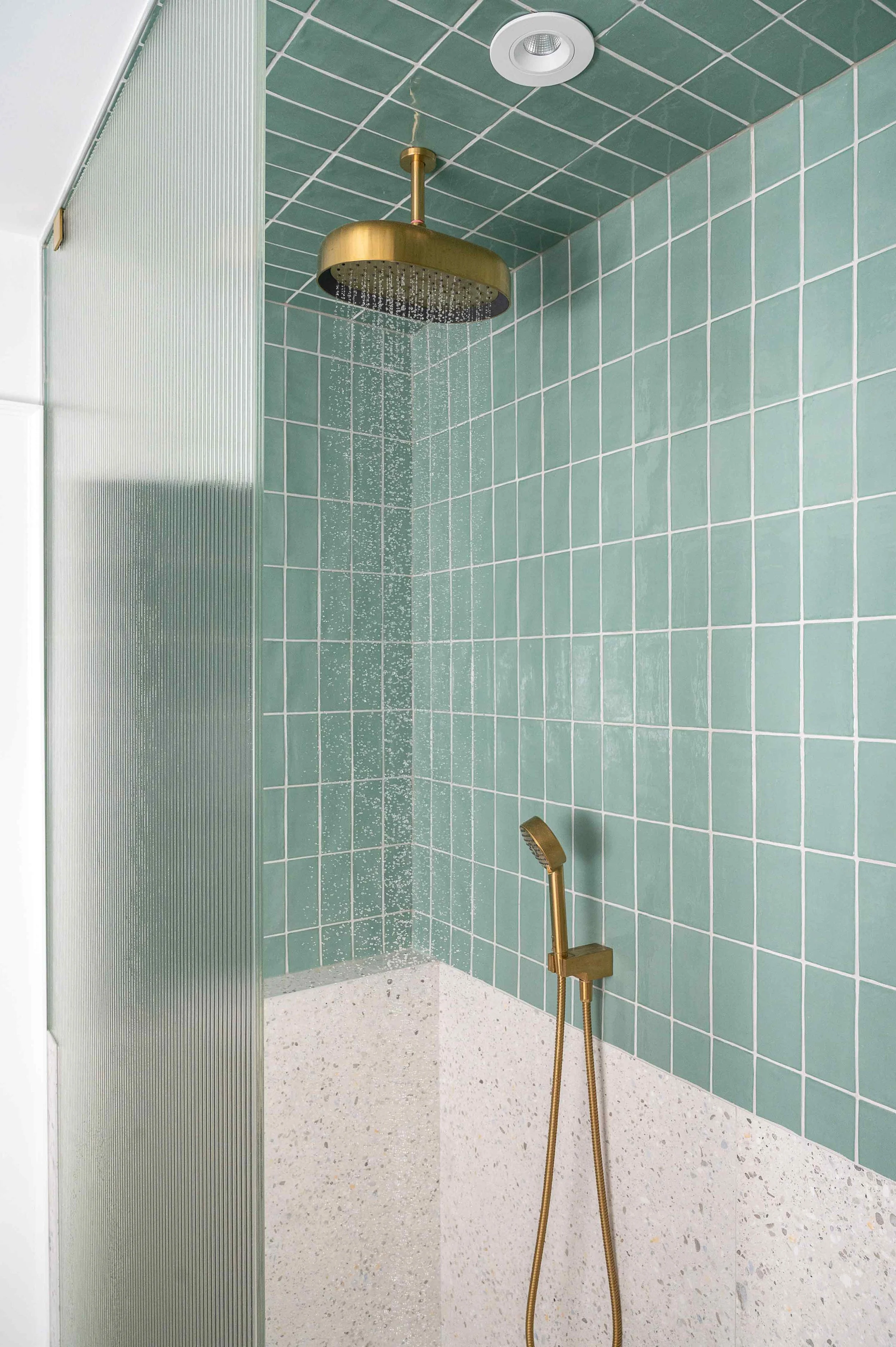Jade green and brass shower