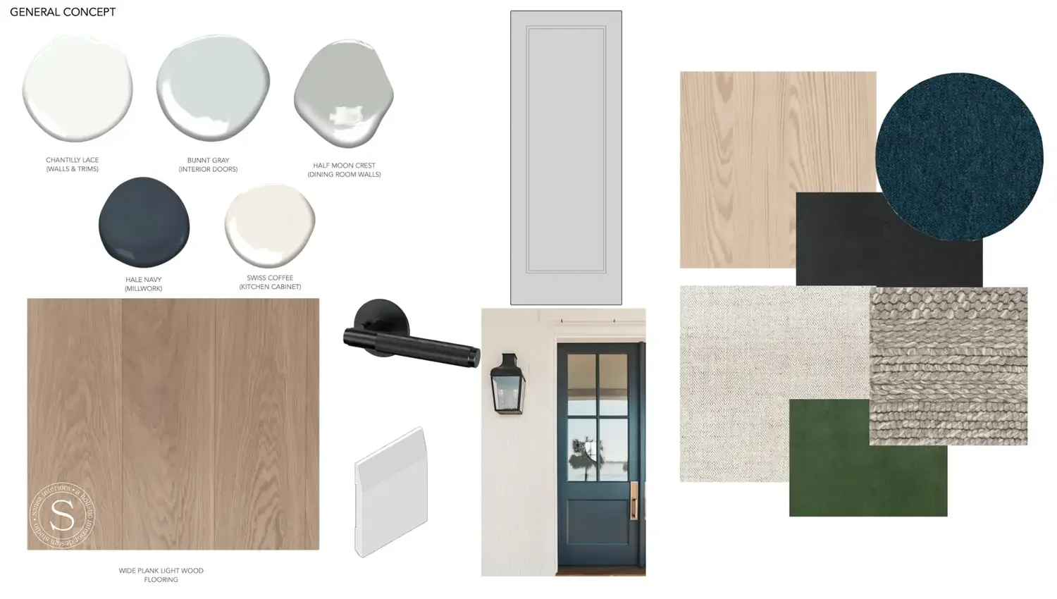 Interior design moodboard showcasing neutral color palette, wood textures, fabric samples, and modern material selections