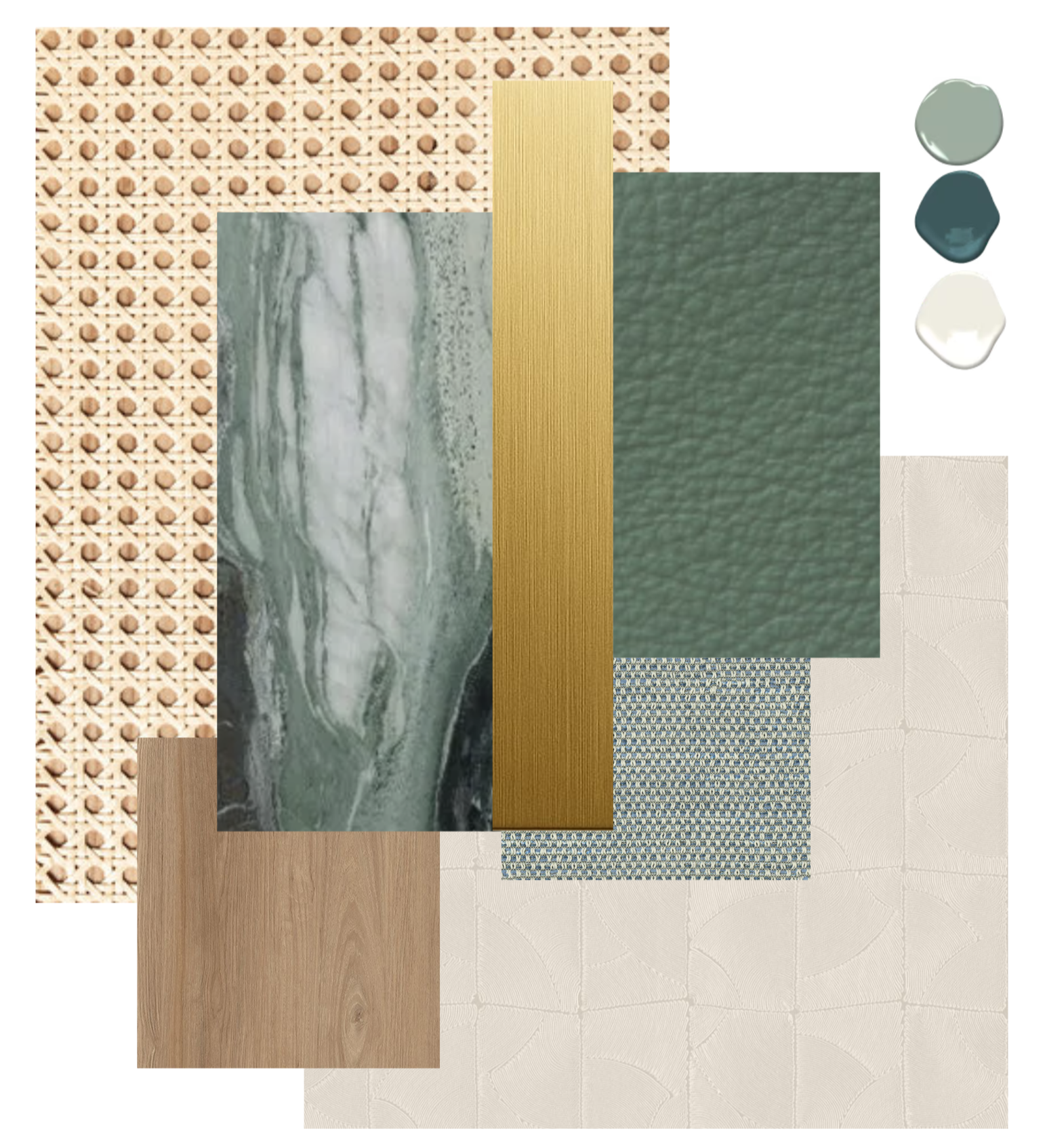 Tabule Oakville restaurant interior design moodboard — material palette featuring brass, sage green, natural wood, marble, and warm neutral finishes