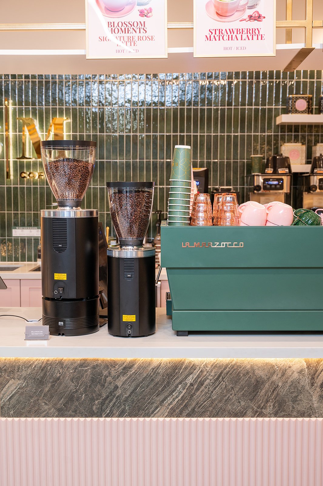 Espresso machines and coffee bar setup at Blossom Moments Floral Cafe, Scotia Plaza Toronto