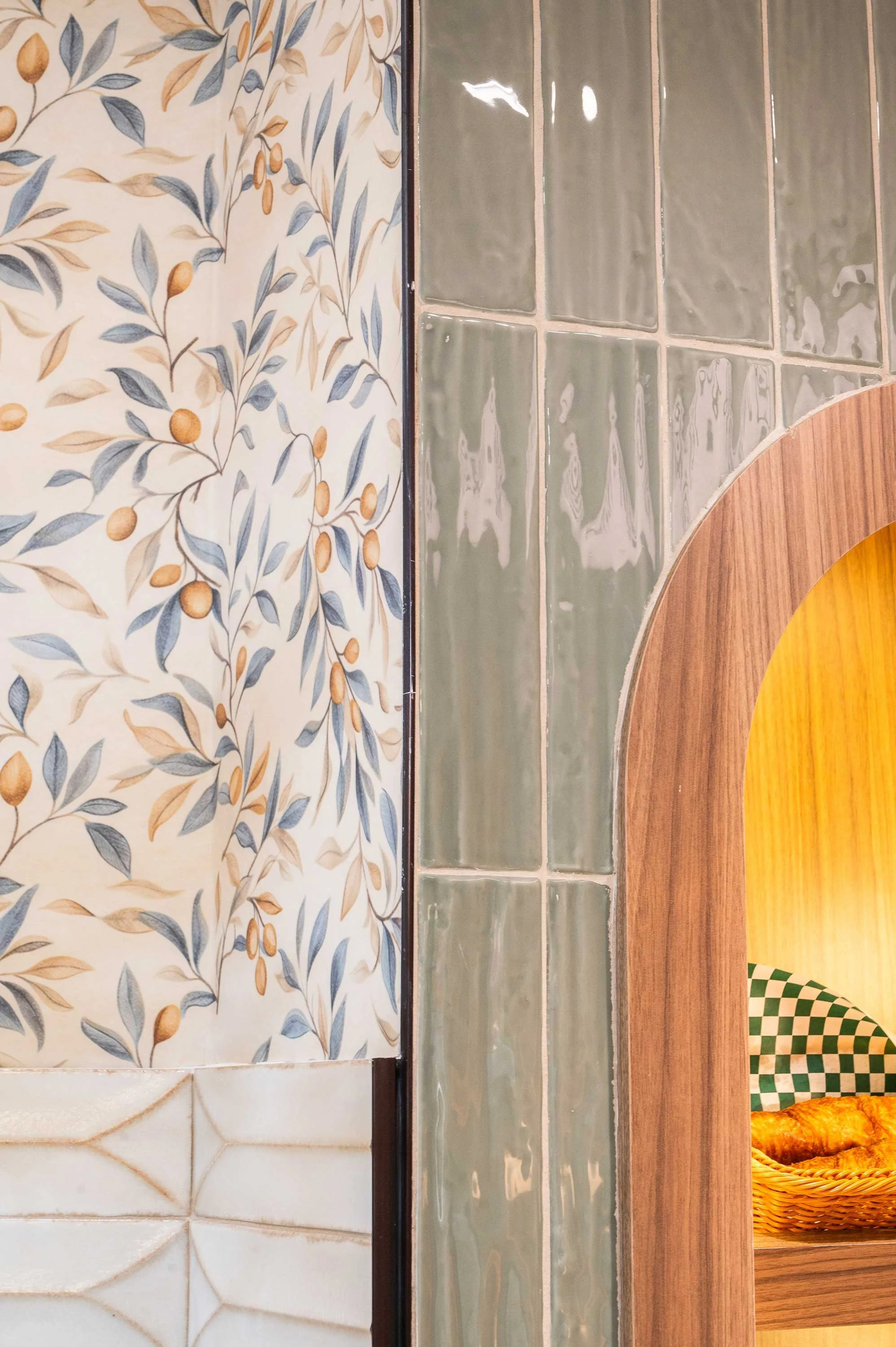 Wall paper transition to sage green tile