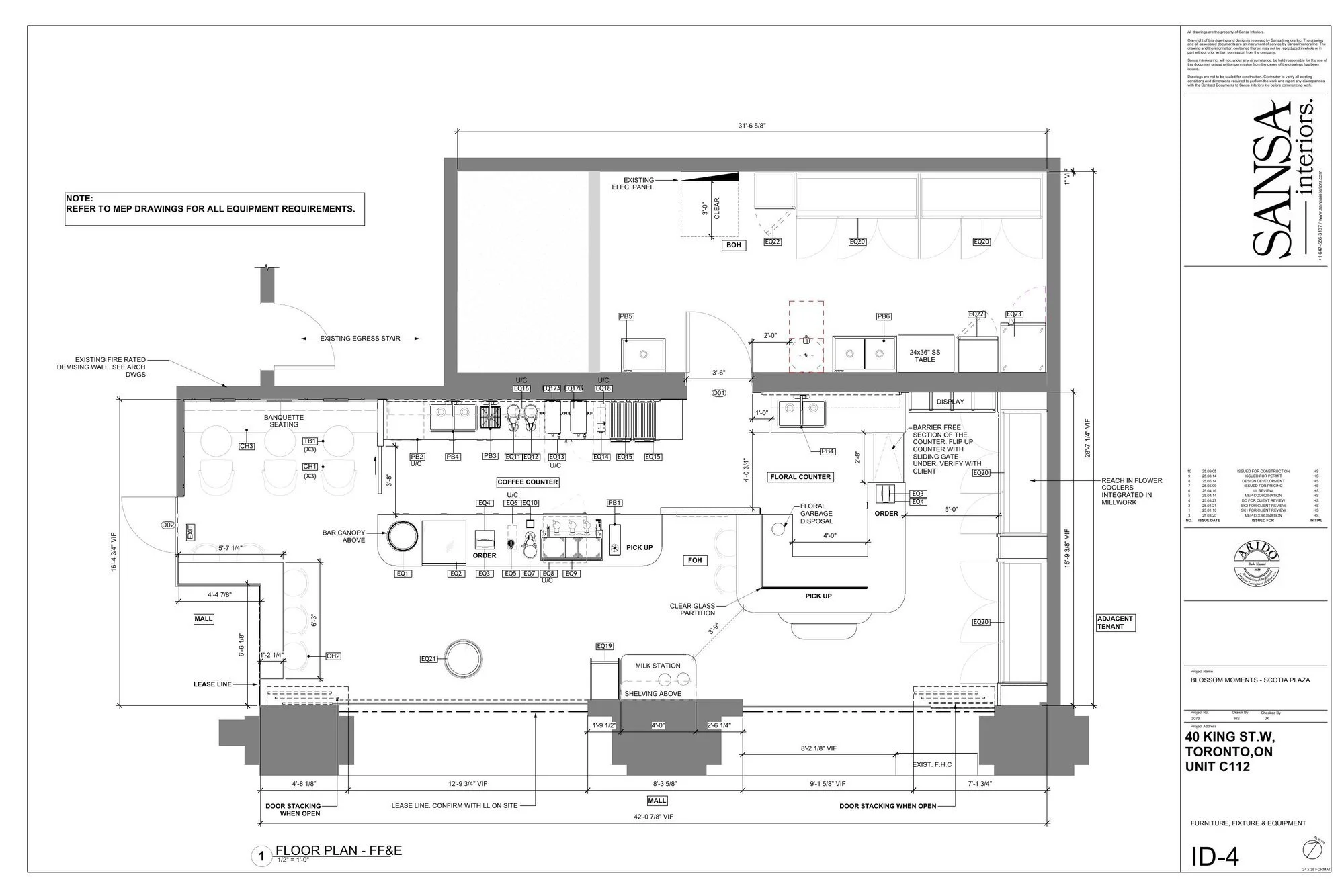 Floor plan drawing showing furniture, fixtures and equipment layout for Blossom Moments Floral Cafe, Scotia Plaza Toronto