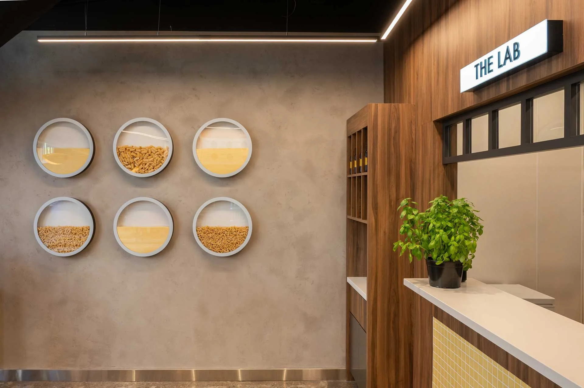 Concrete wall with 6 circular decorative pasta displays