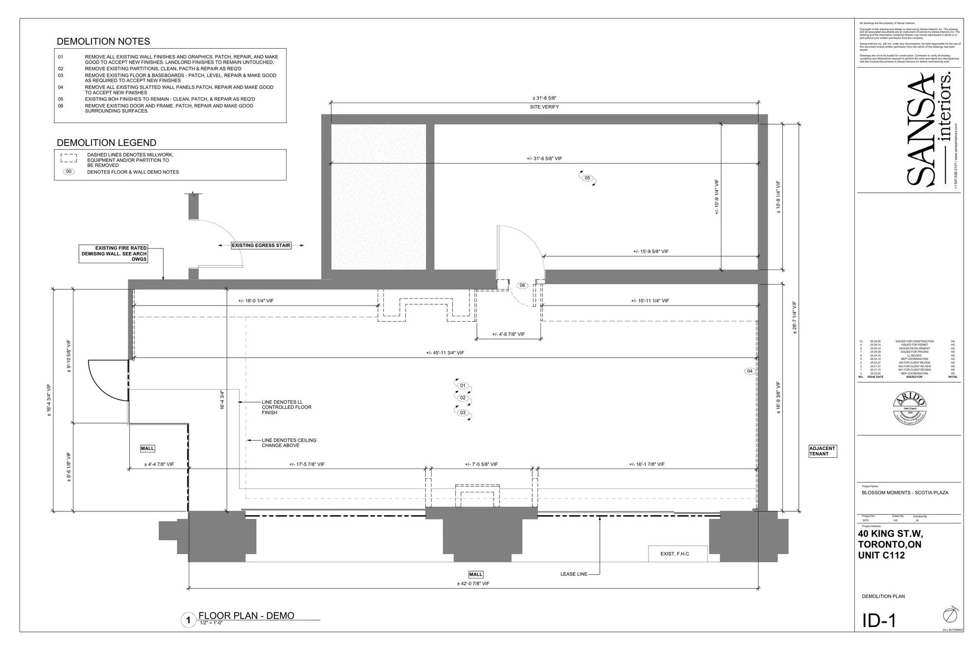 Demolition floor plan drawing for Blossom Moments Floral Cafe renovation at Scotia Plaza, Toronto