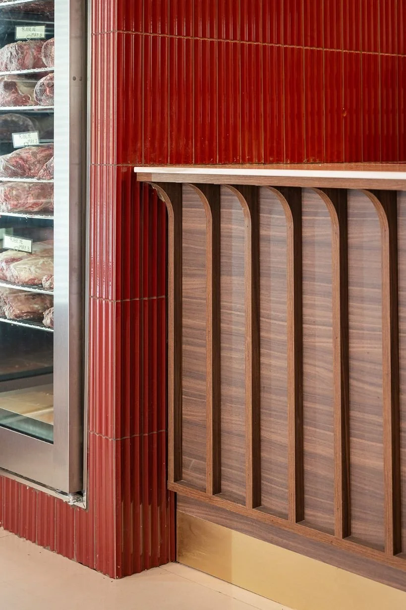 Detail millwork with walnut wood and slats