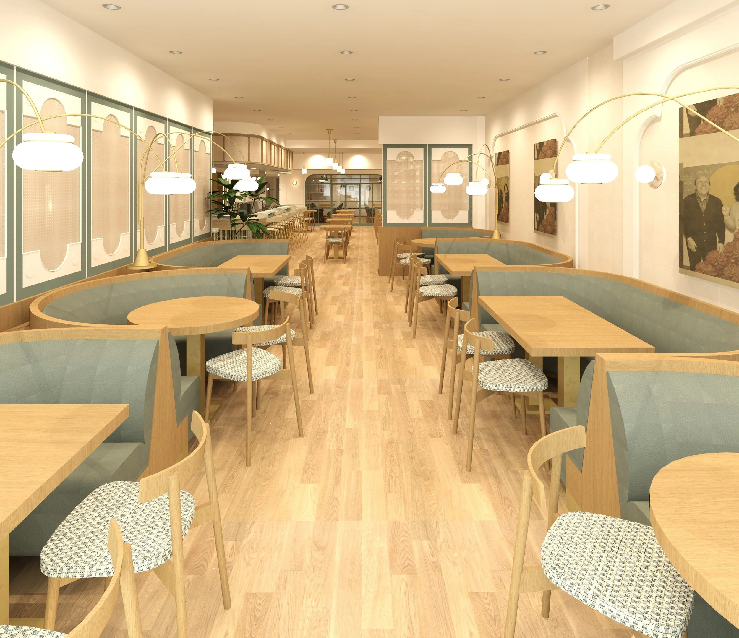 Tabule Oakville rendering for restaurant's interior layout with sage green upholstery, and contemporary aesthetic