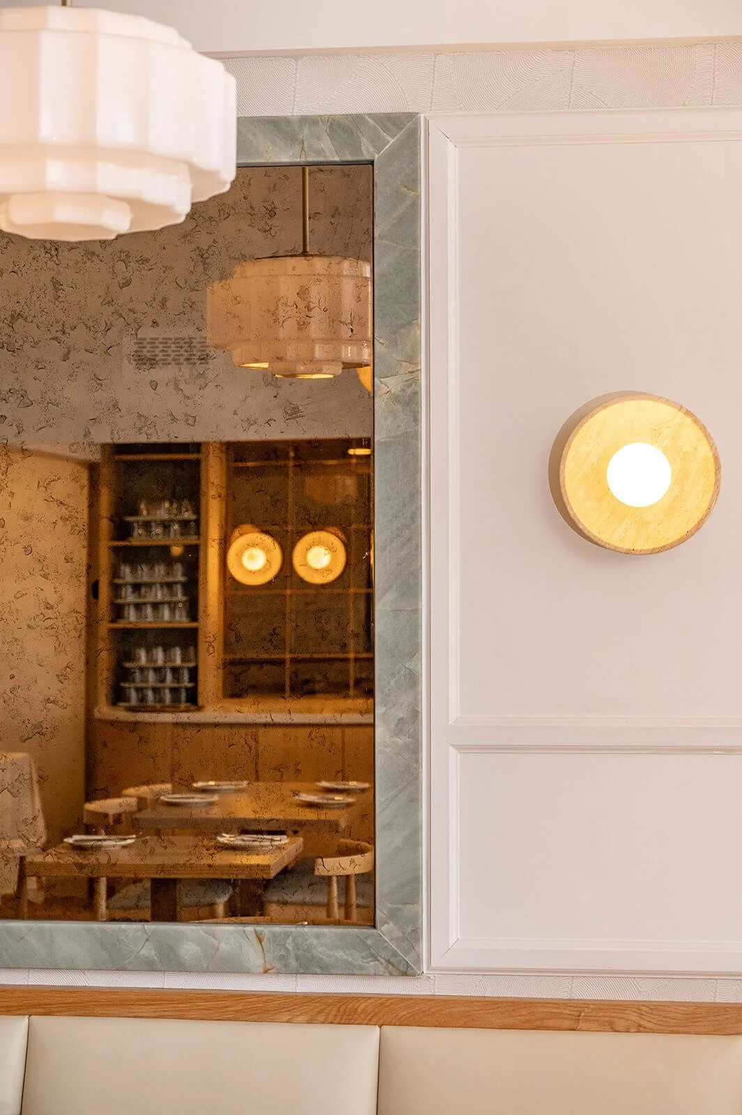 Brass pendant lighting by Kohara — warm hospitality lighting, Tabule Oakville restaurant