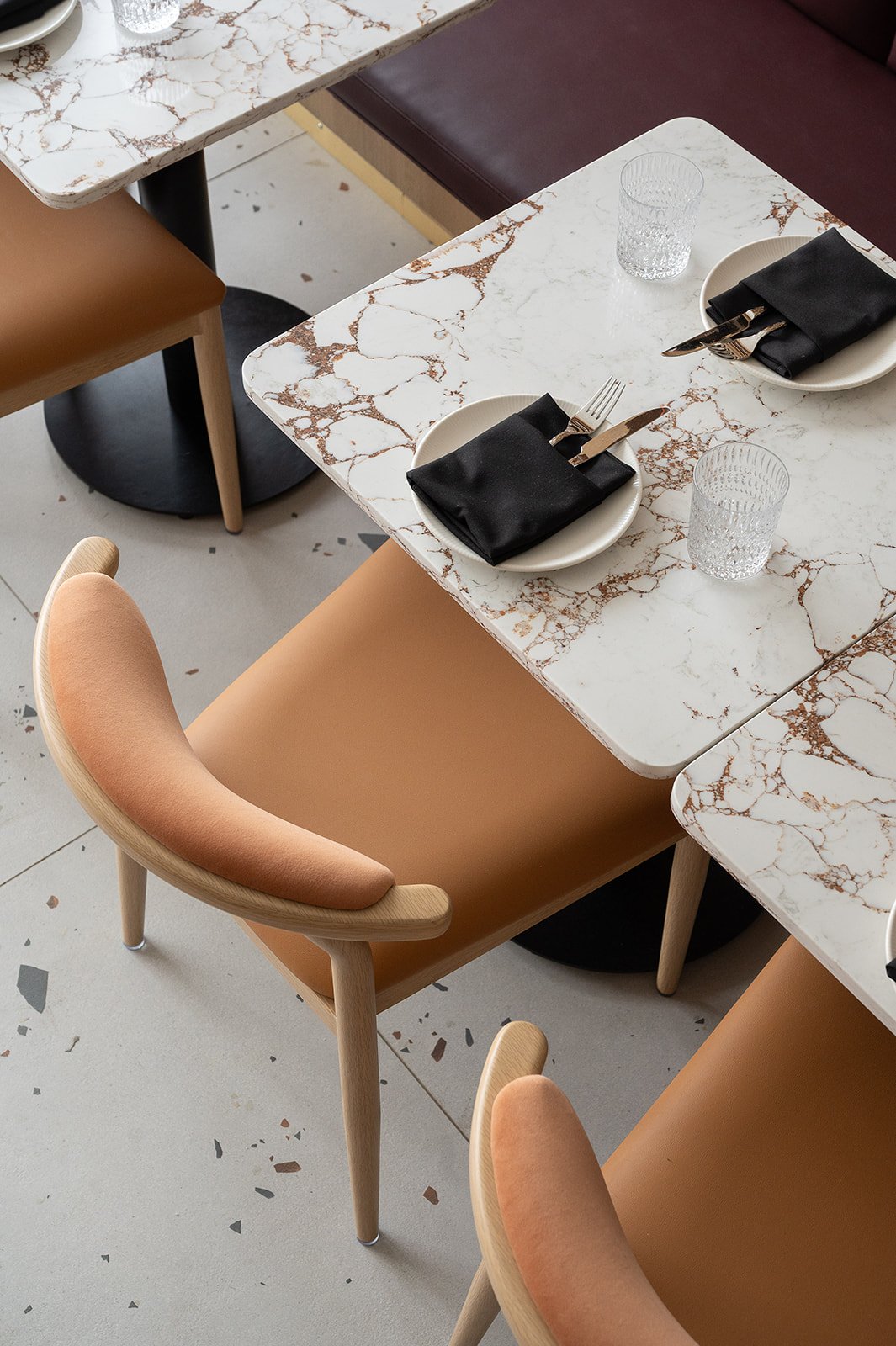 White quartz with gold veining table with 2 place settings