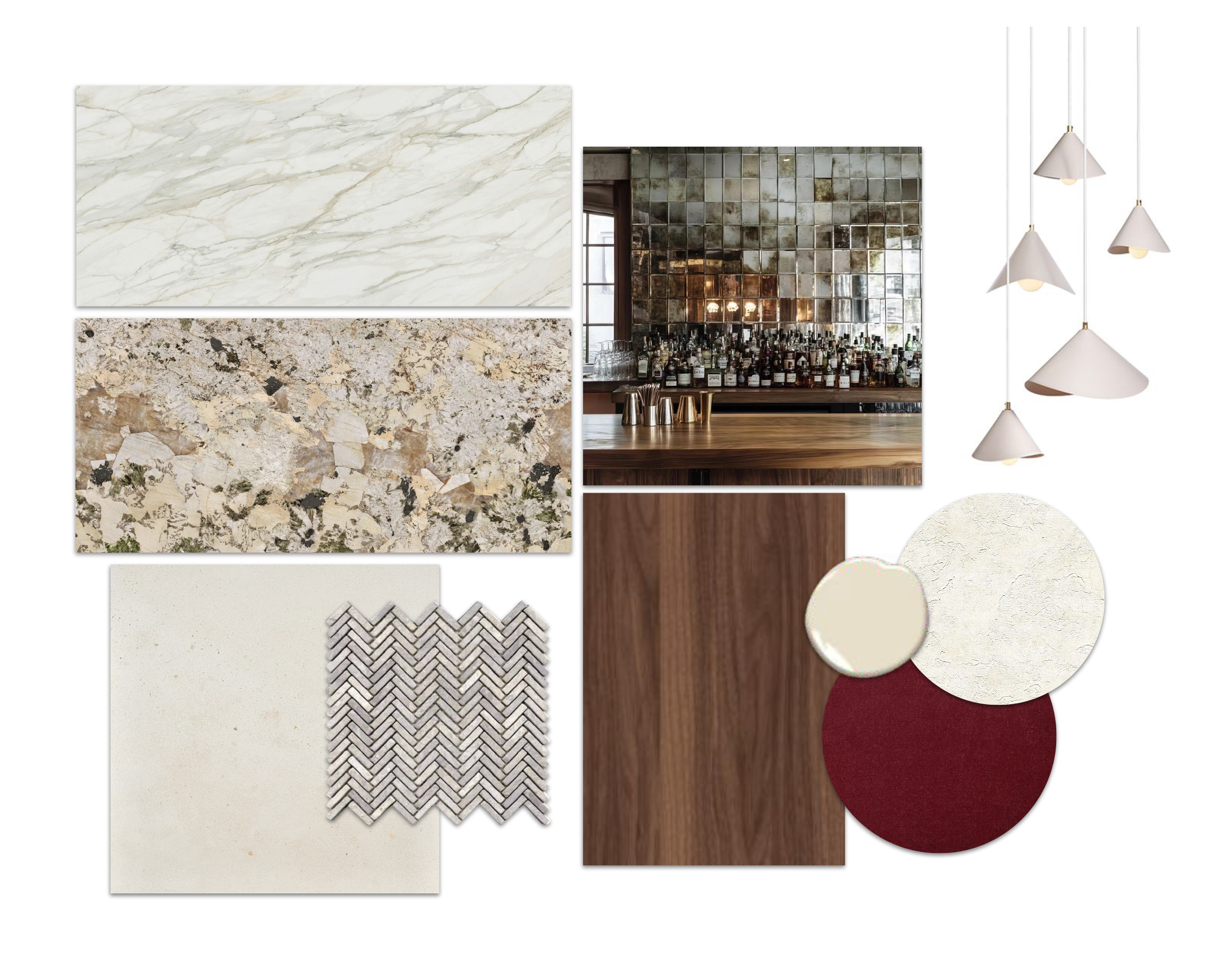 Material palette flat lay featuring natural toned stone with lots of texture and veining, concrete flooring, walnut wood, burgundy accents