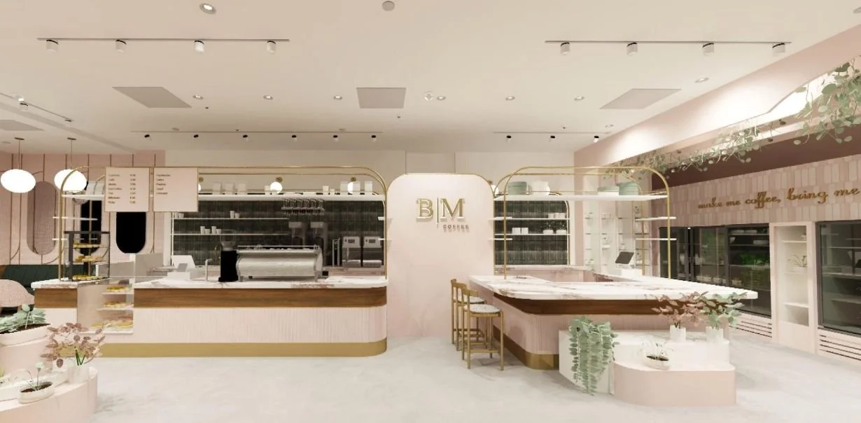 3D rendering of the BM Coffee counter with brass arched millwork and marble surfaces at Blossom Moments Scotia Plaza