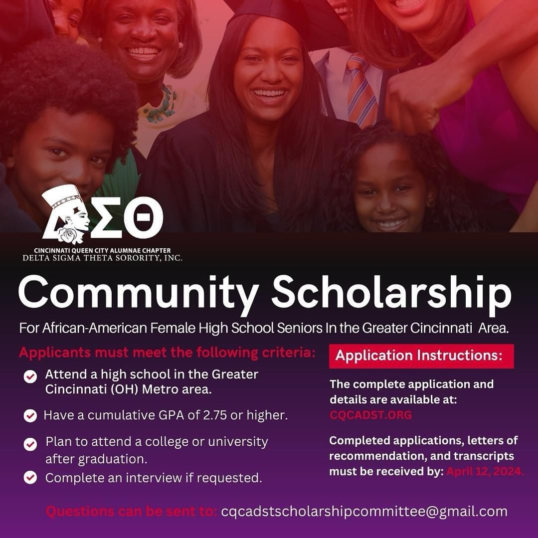🎓✨ The deadline for our 2024 scholarship is approaching fast! If you&rsquo;re an African-American female high school student in the greater Cincinnati area setting your sights on college, this is your call to action! 
Apply now at cqcadst.org. Appli