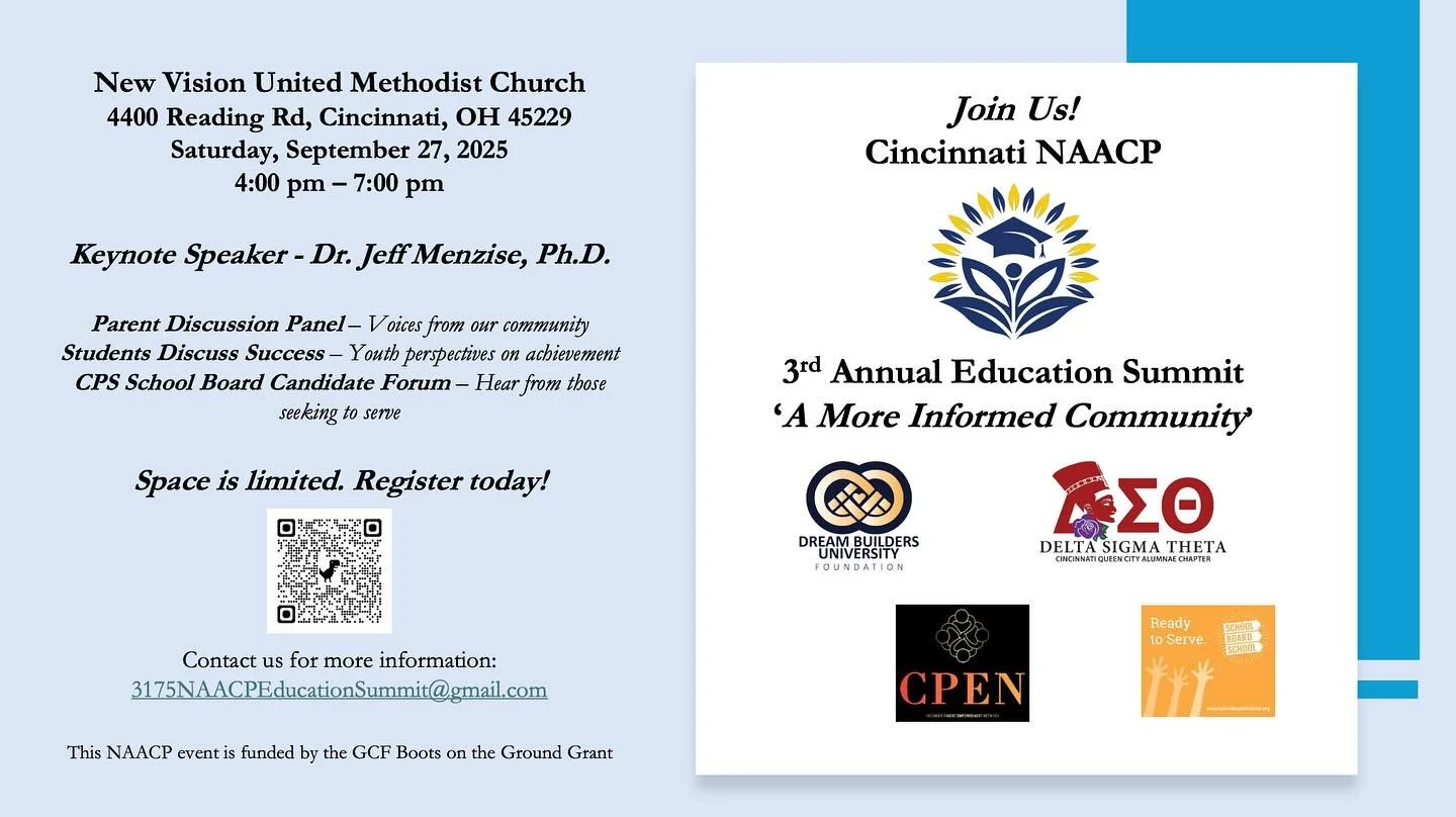 Join us for the 3rd Annual Education Summit, hosted by the @cincinnatinaacp! On Saturday, September 27 from 4-7 pm at New Vision United Methodist Church, we&rsquo;ll engage in a thoughtful panel discussion, hear from experts, and participate in activ