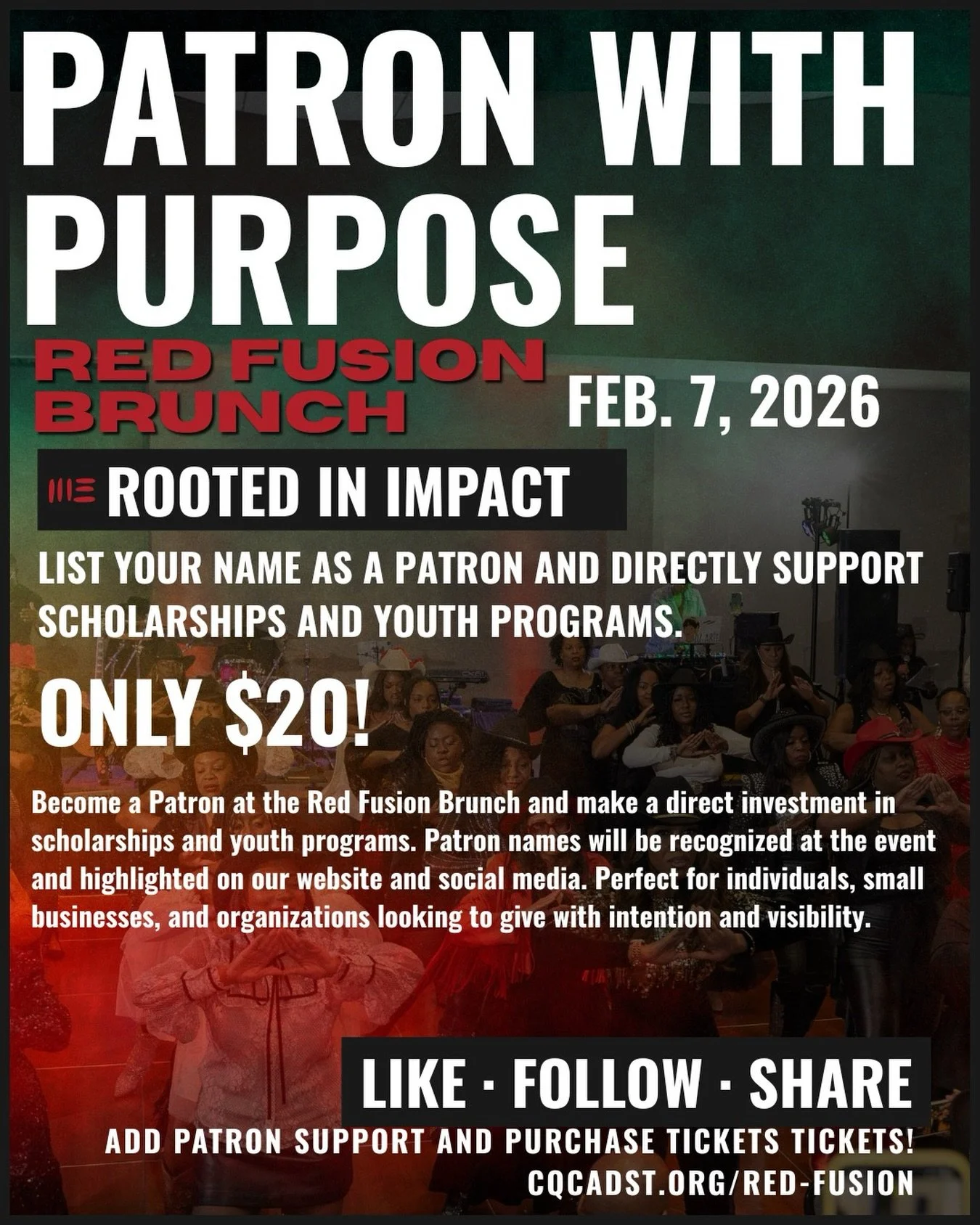 Whether you&rsquo;re attending Red Fusion Brunch or supporting from afar, becoming a Patron is a meaningful way to invest in our mission. Patron Support directly funds scholarships and youth programs while honoring those who give with intention. Patr
