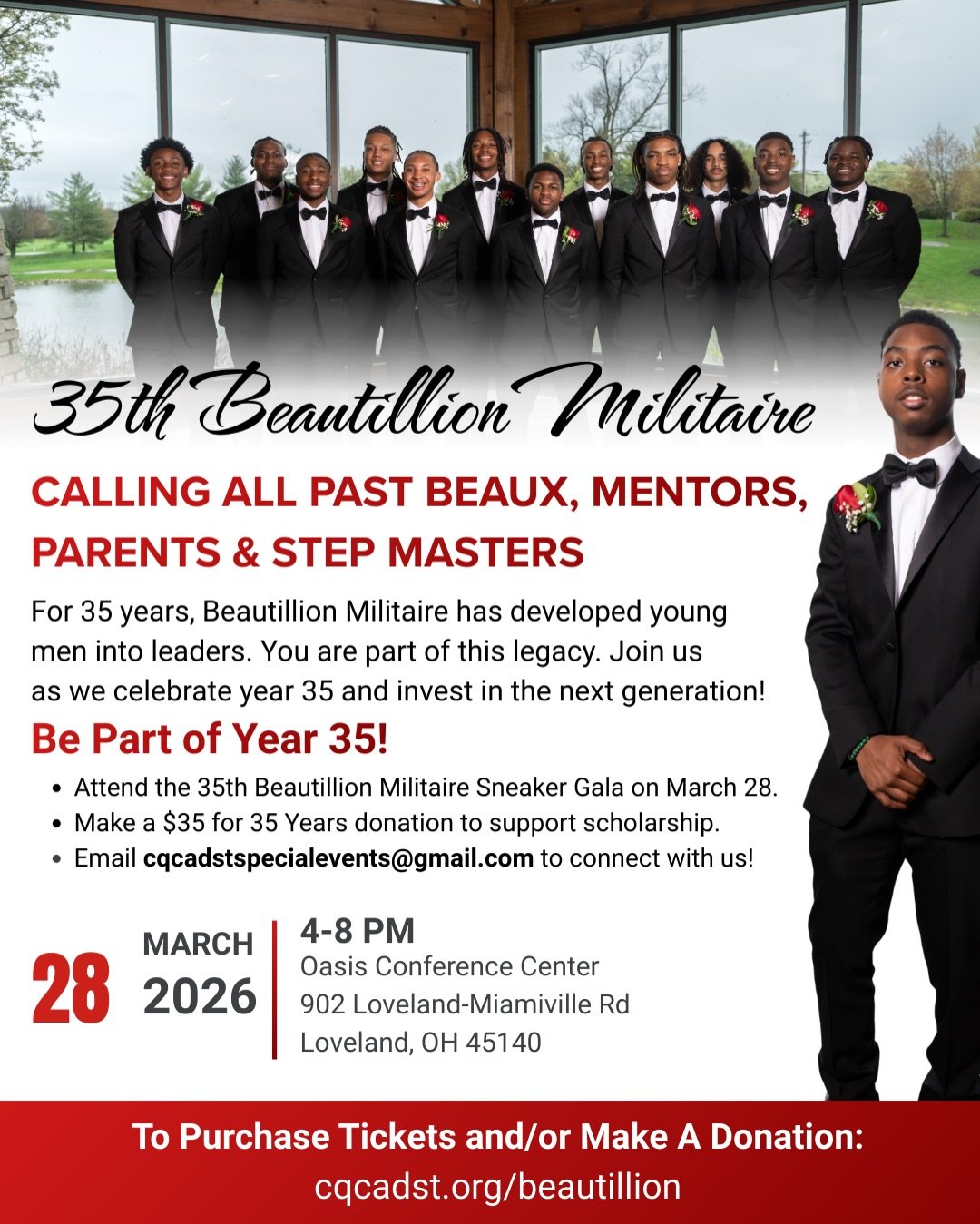 The legacy continues and you&rsquo;re part of the story.

For 35 years, the Beautillion Militaire has prepared young men for leadership through mentorship, scholarship, and service. Past Beaux, mentors, parents, and stepmasters, this milestone belong