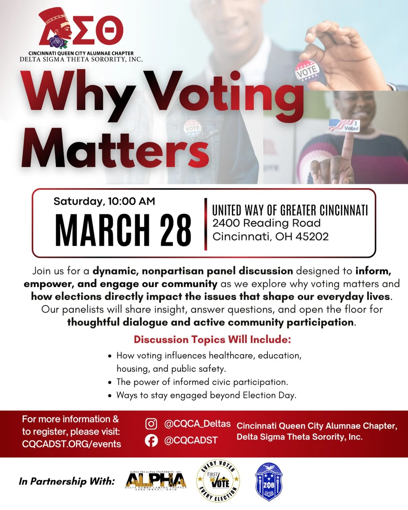 🗳️ Prepare for the May elections!

Join the Cincinnati Queen City Alumnae Chapter of Delta Sigma Theta Sorority, Inc. for a dynamic, nonpartisan panel discussion focused on how voting impacts healthcare, education, housing, public safety, and more.
