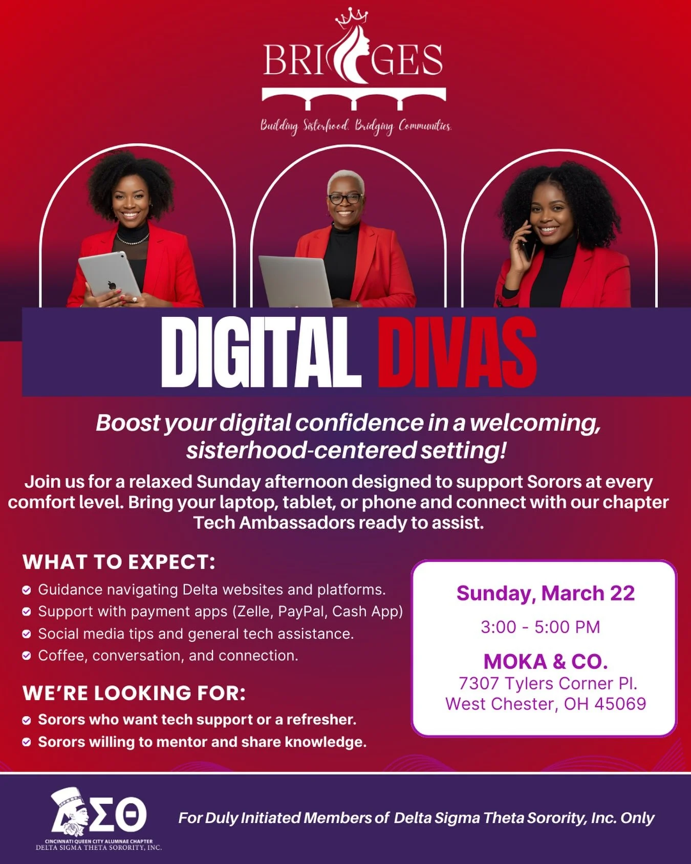 Staying connected requires staying equipped. ❤️🤍

CQCA&rsquo;s B.R.I.D.G.E.S. Digital Divas returns with an afternoon designed to support Sorors in the digital space.

🔺 This experience is exclusively for duly initiated members of Delta Sigma Theta