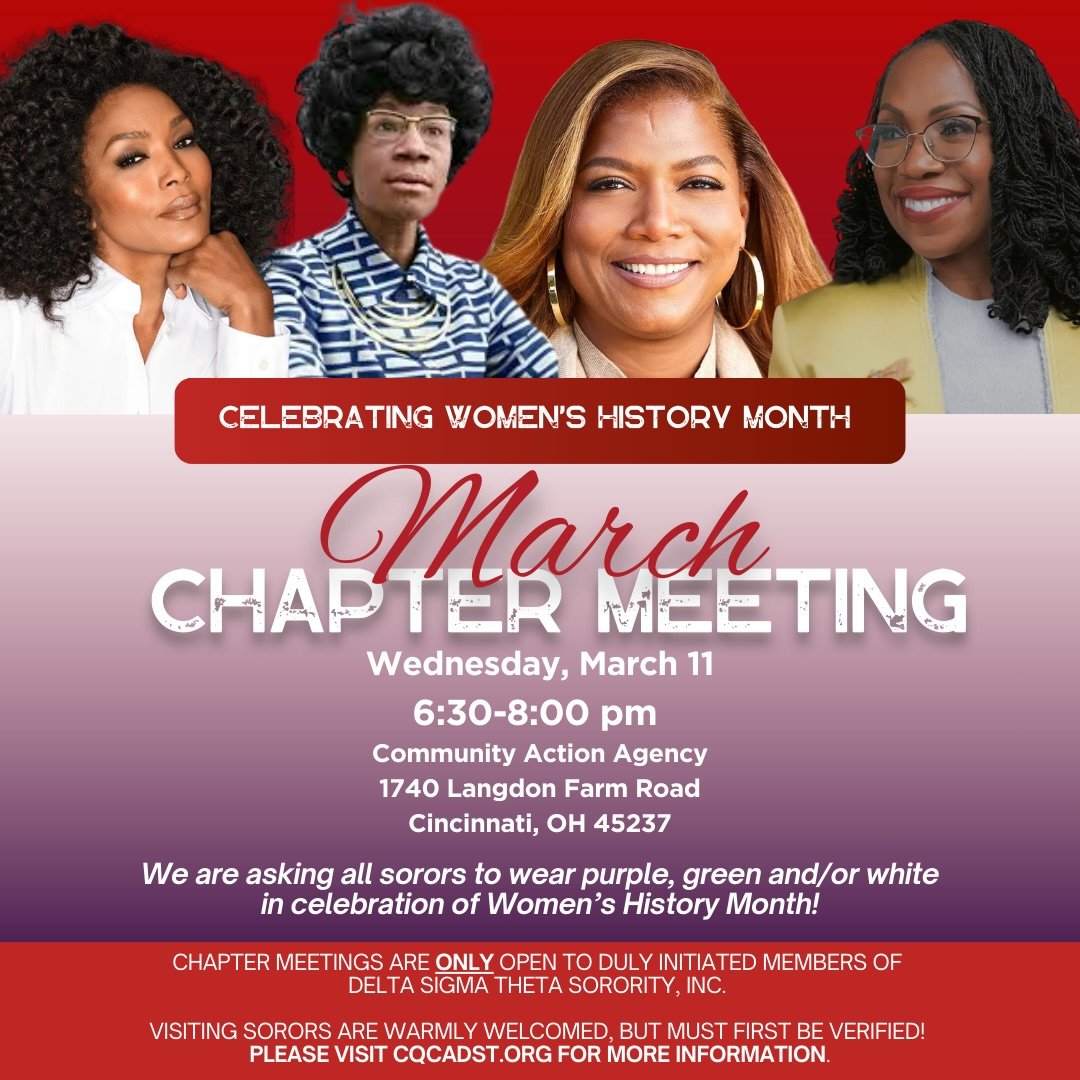 March Chapter Meeting 💜💚🤍

In celebration of Women&rsquo;s History Month, join us for our March Chapter Meeting as we gather in person to reconnect, stay informed, and continue building on the impact happening across our community. Sorors are enco
