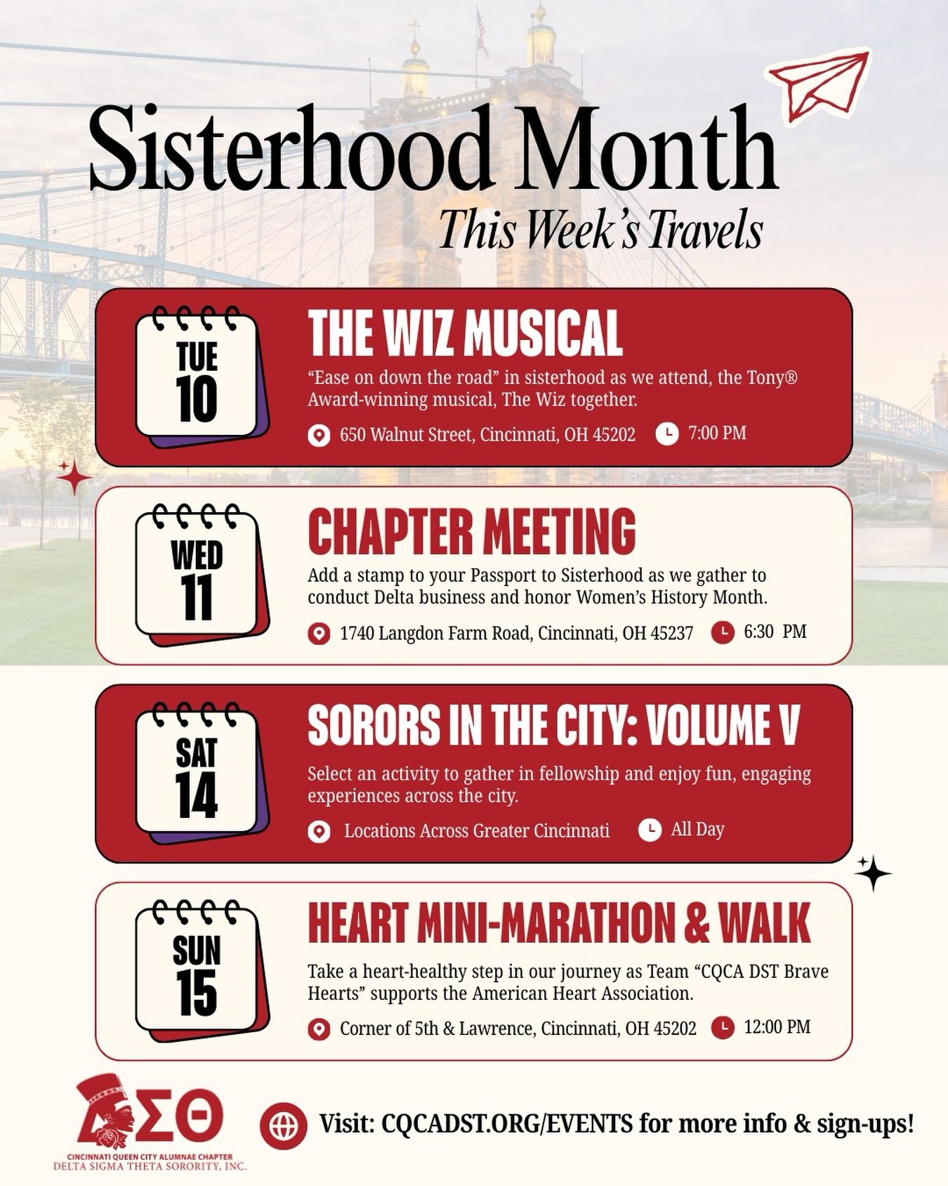 ✈️ Sorors, our trip is already off to a great start!

Sisterhood Month is underway, and there&rsquo;s still plenty of time to join the journey and start collecting your digital passport stamps.

Each Sisterhood Month event you attend earns a passport