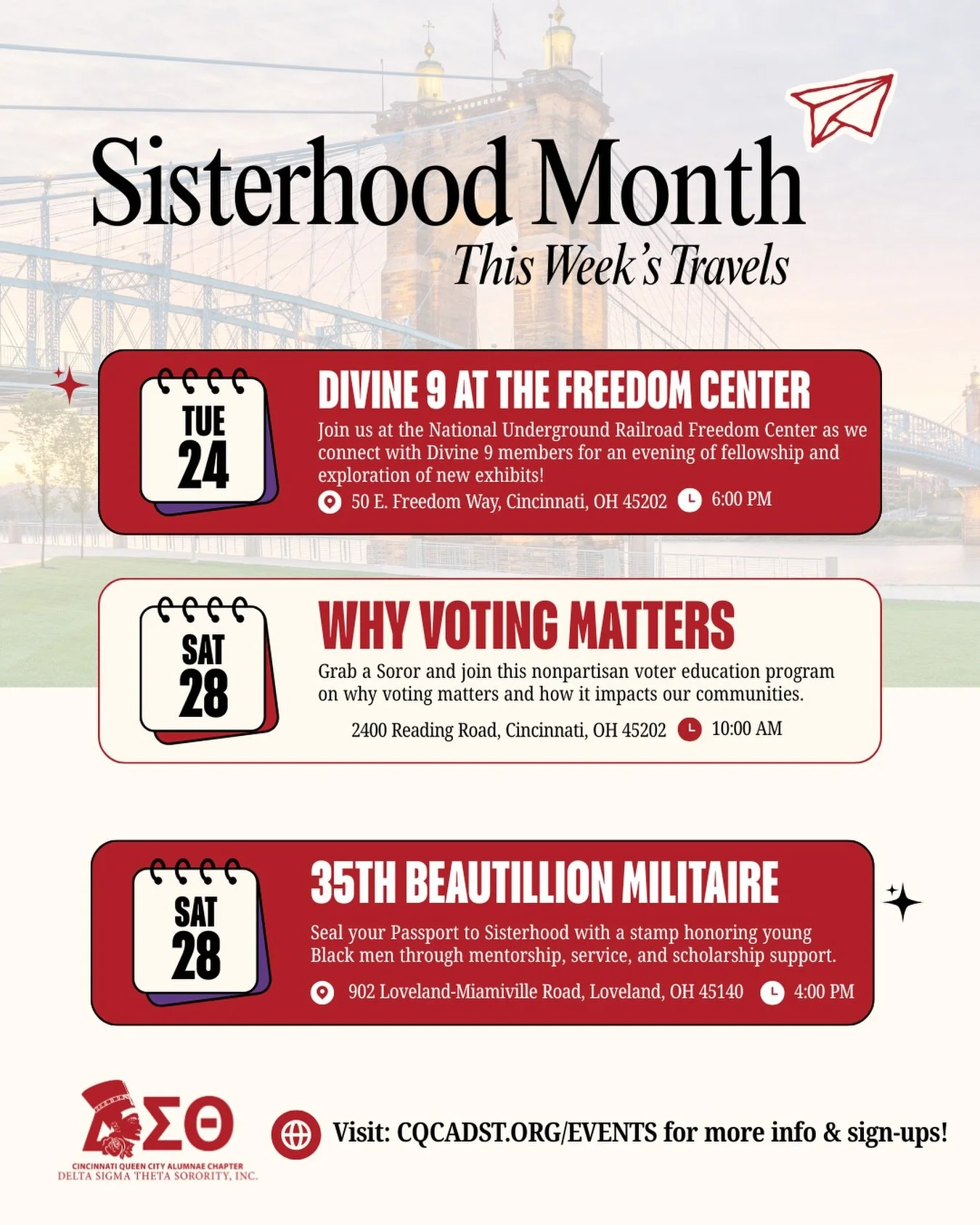 ✈️ Sorors, the journey continues.

There are still plenty of opportunities to step in, stay engaged, and collect your digital passport stamps along the way.

Each event you attend adds to your Passport to Sisterhood and earns you entries into the Pri