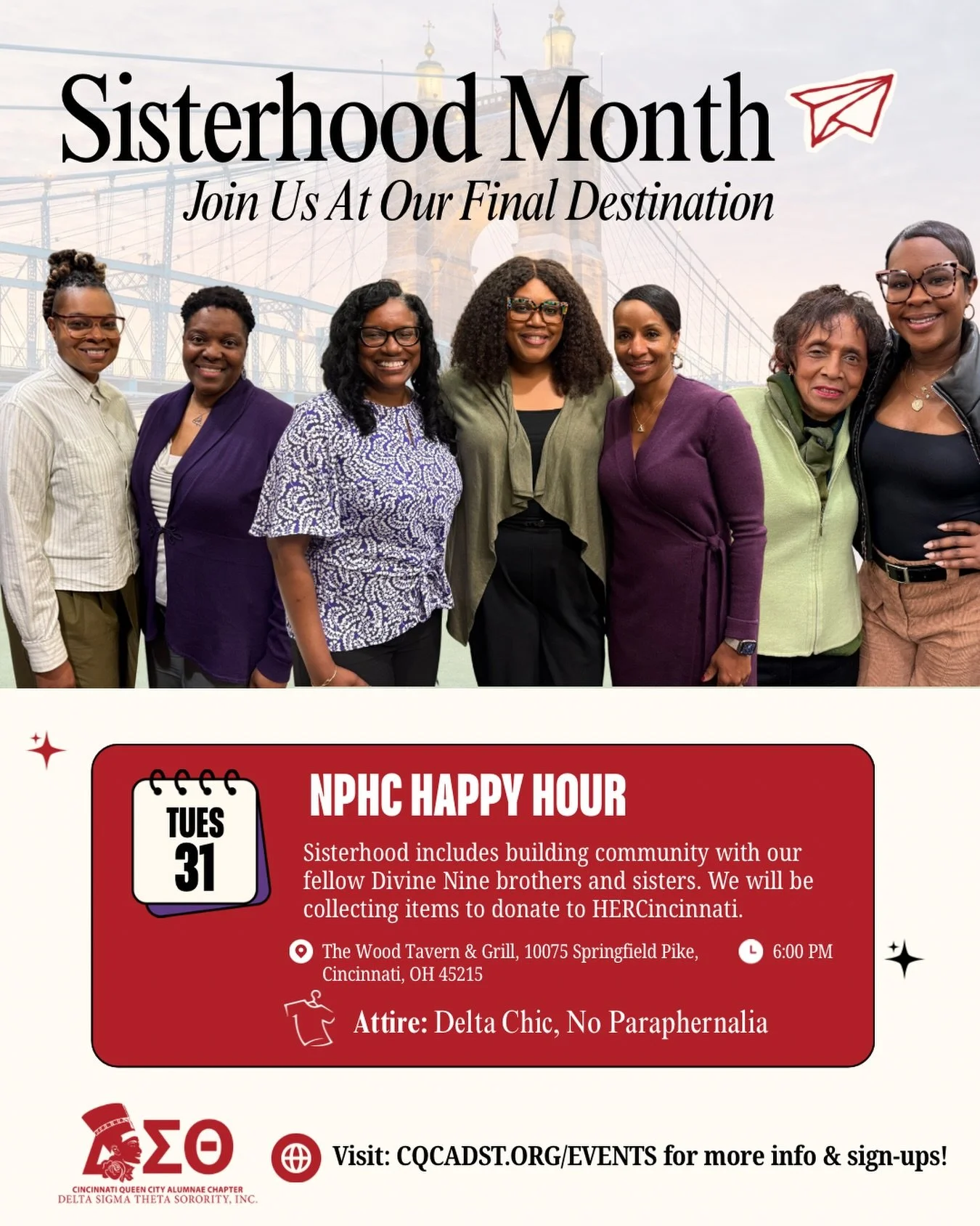 Happening TODAY!

Join us for the NPHC Happy Hour as we celebrate community, connection, and giving back. This event is OPEN TO THE PUBLIC, so everyone is welcome!

Can&rsquo;t make it out tonight? No worries at all! You can still show love by making