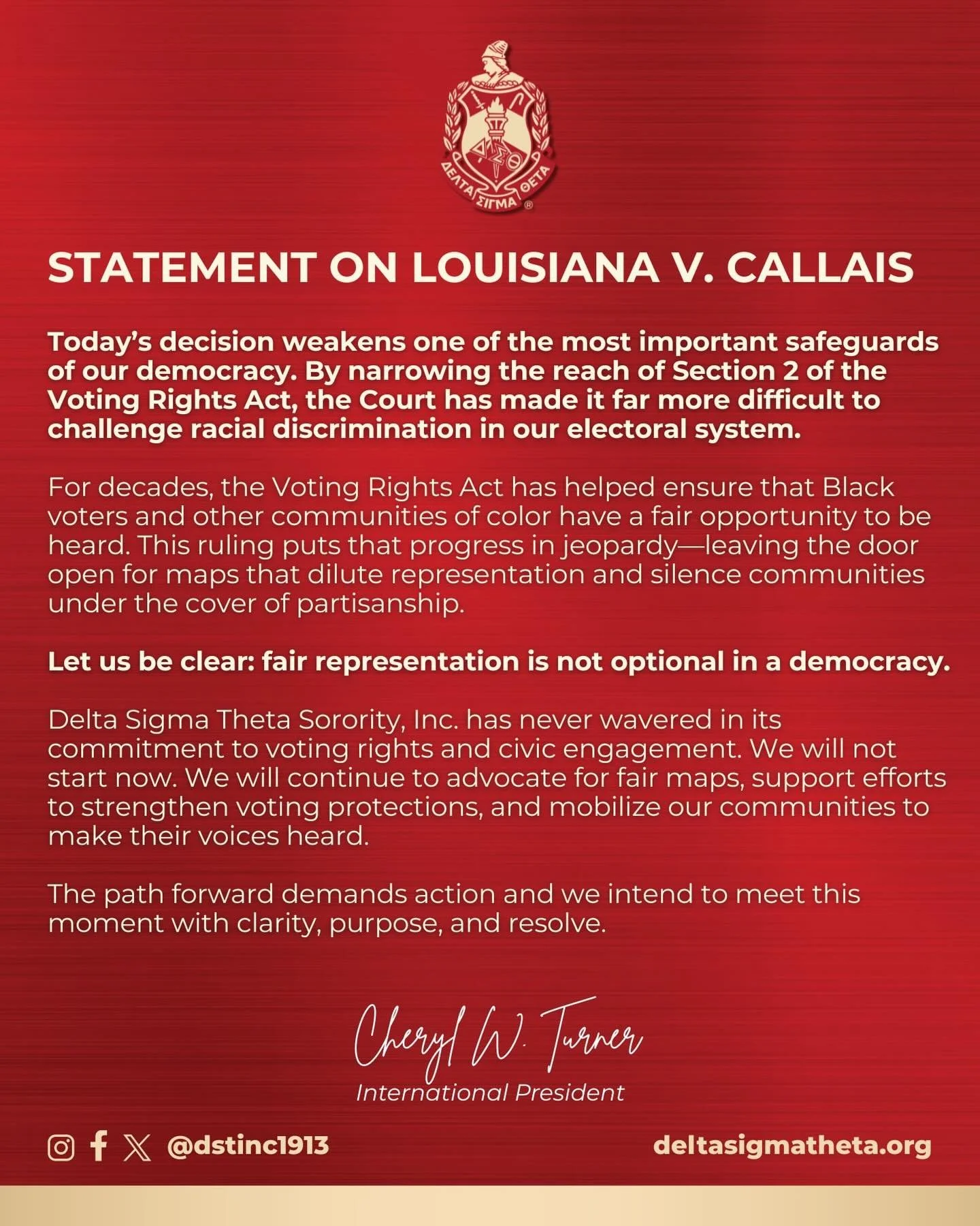 Today&rsquo;s decision weakens one of the most important safeguards of our democracy. By narrowing the reach of Section 2 of the Voting Rights Act, the Court has made it far more difficult to challenge racial discrimination in our electoral system.

