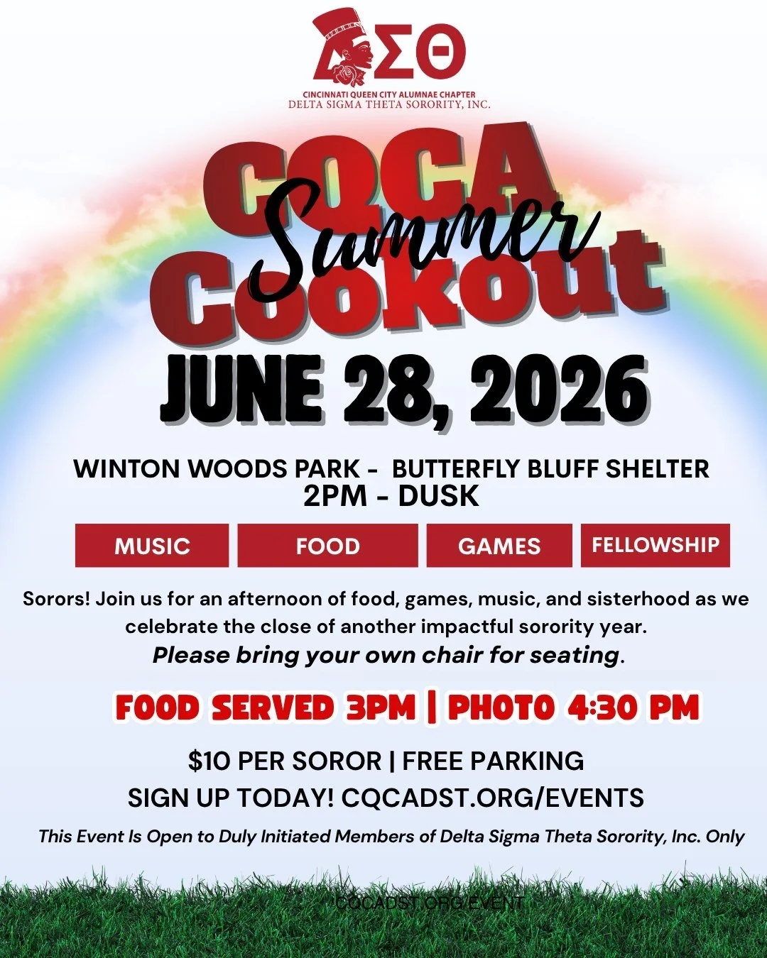 ☀️❤️ Sorors, it&rsquo;s time for the CQCA Summer Cookout! Join us for an afternoon of food, music, games, fellowship, and sisterhood as we celebrate another successful and impactful sorority year together.

📍 Winton Woods Park &ndash; Butterfly Bluf