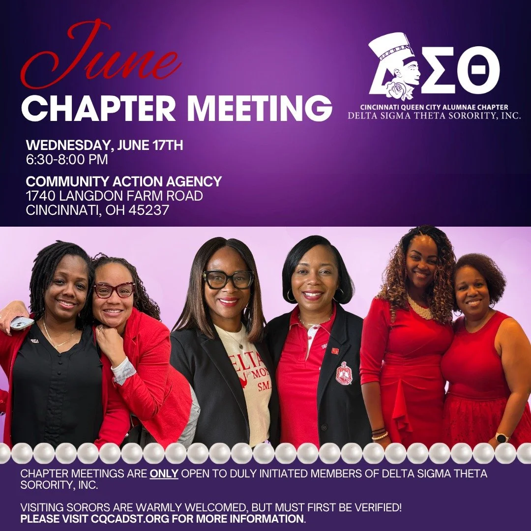 🌹 June Chapter Meeting
📅 Wed, June 17 | 6:30 PM
📍 Community Action Agency, 1740 Langdon Farm Rd, Cincinnati, OH 45237

Join us for our June Chapter Meeting as we come together in sisterhood to reflect, reconnect, and finish the sorority year stron