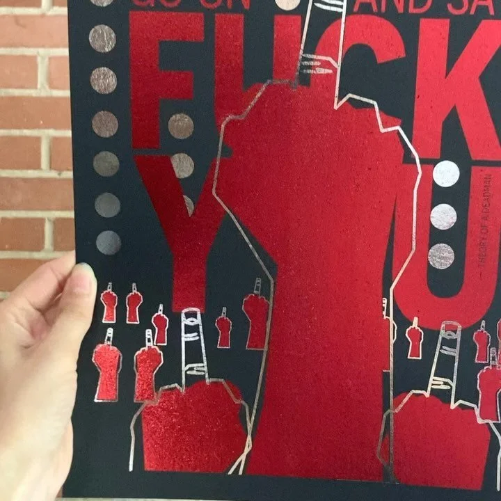 Music lyric foil design 
Hate My Life &ndash; Theory of A Deadman

Put your middle fingers up in the air Go on and say &ldquo;fuck you&rdquo; &mdash; Theory Of A Deadman

I used to blast this song while driving to an old retail job and sing along wit