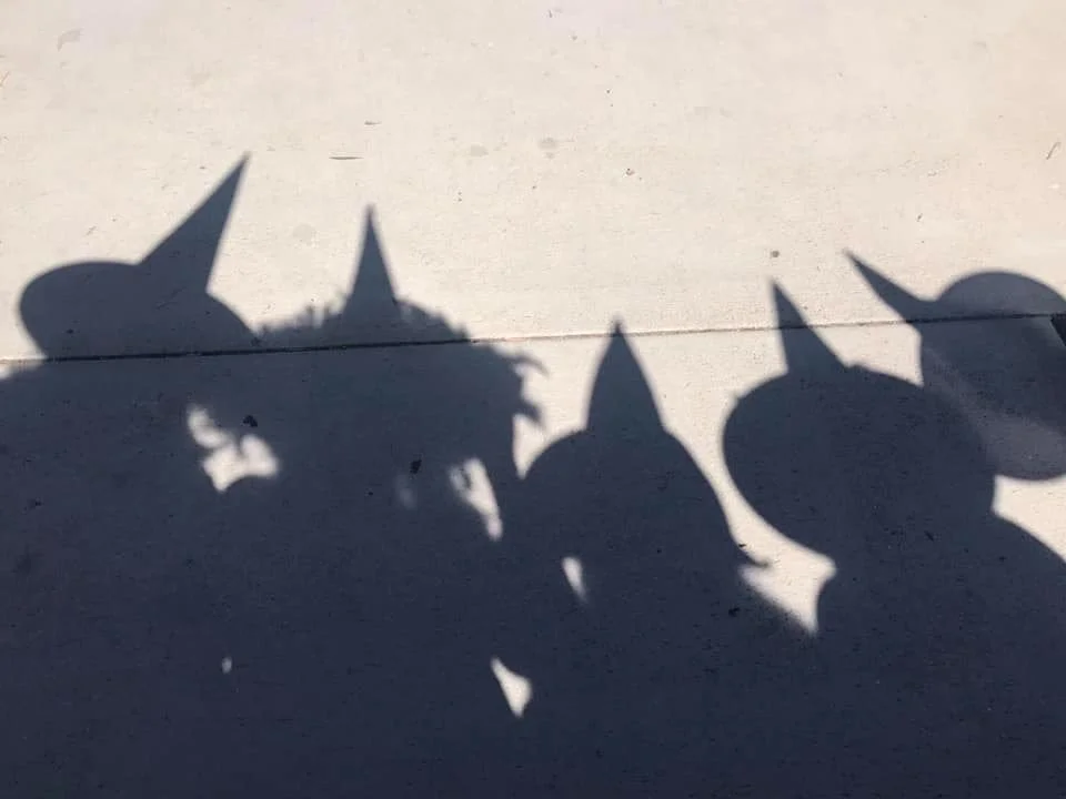 Shadows of a group of witches wearing pointed hats, gathered together on a sunlit sidewalk during the Those Witches Be Crazy fundraiser in Encinitas.