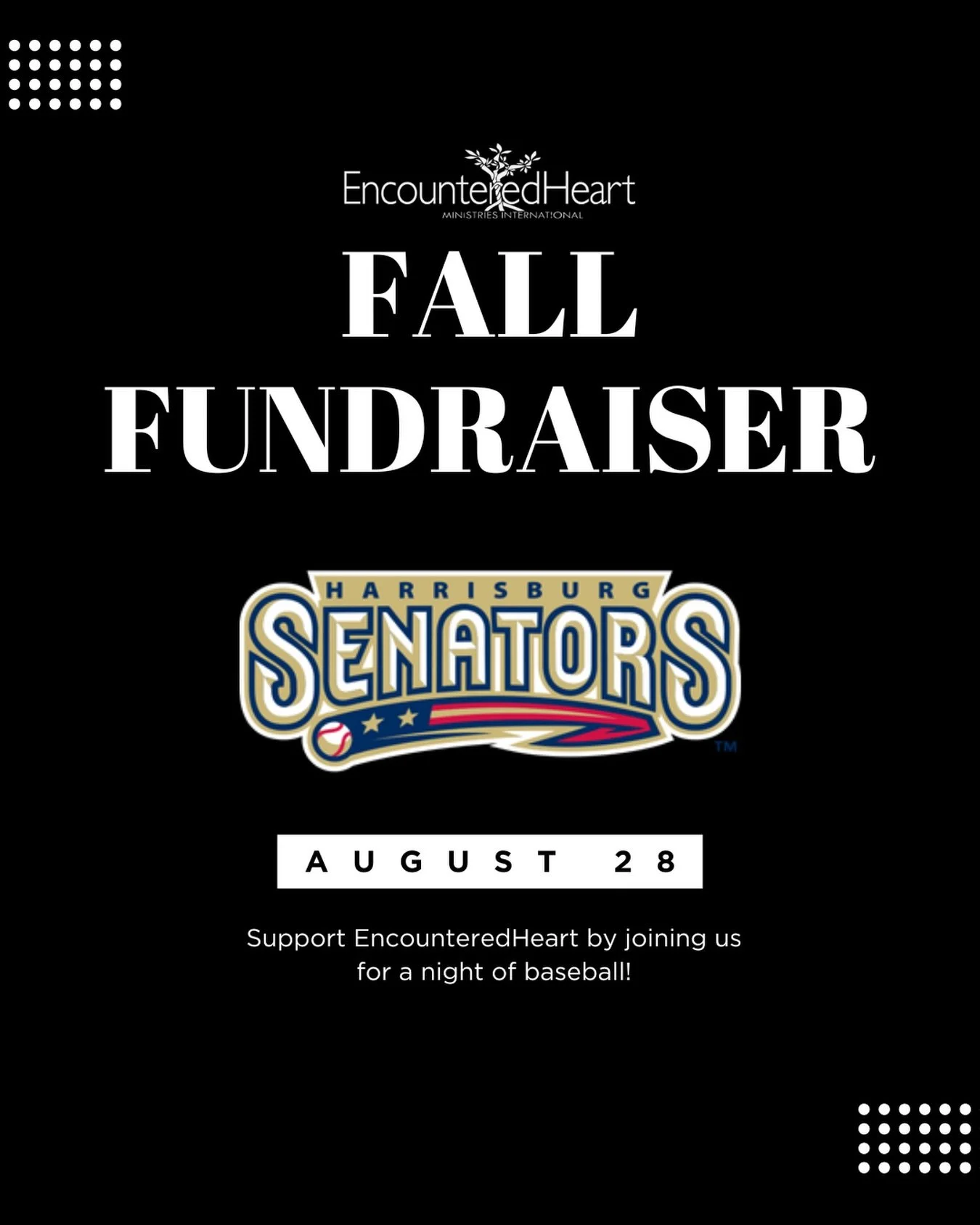 Kickoff the new season with us at a Harrisburg Senators game!

Join us for a night of baseball and a portion of the proceeds will go directly to EncounteredHeart. Be sure to purchase your tickets through the link in our bio ⚾️

🗓️ Friday, August 28 