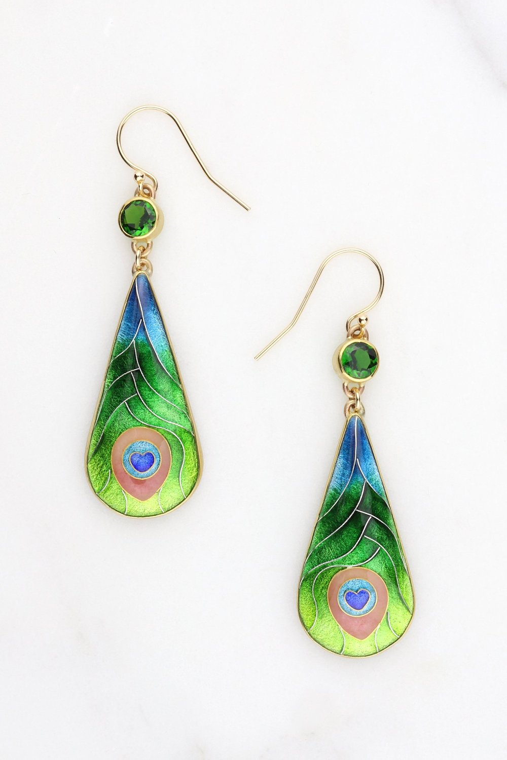Green Peacock Cloisonné Enamel Earrings — Anna Tai Enamels, image size:1000x1500
