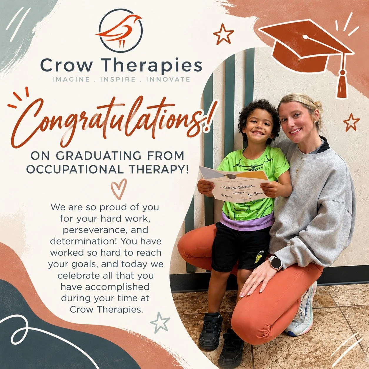 🎓🎉 CONGRATULATIONS TO OUR OCCUPATIONAL THERAPY GRADUATE! 🎉🎓

Everyone at Crow Therapies is so proud of our Occupational Therapy graduate and the awesome job he has done! 💙👏

Your hard work, dedication, and commitment have paid off, and we are s