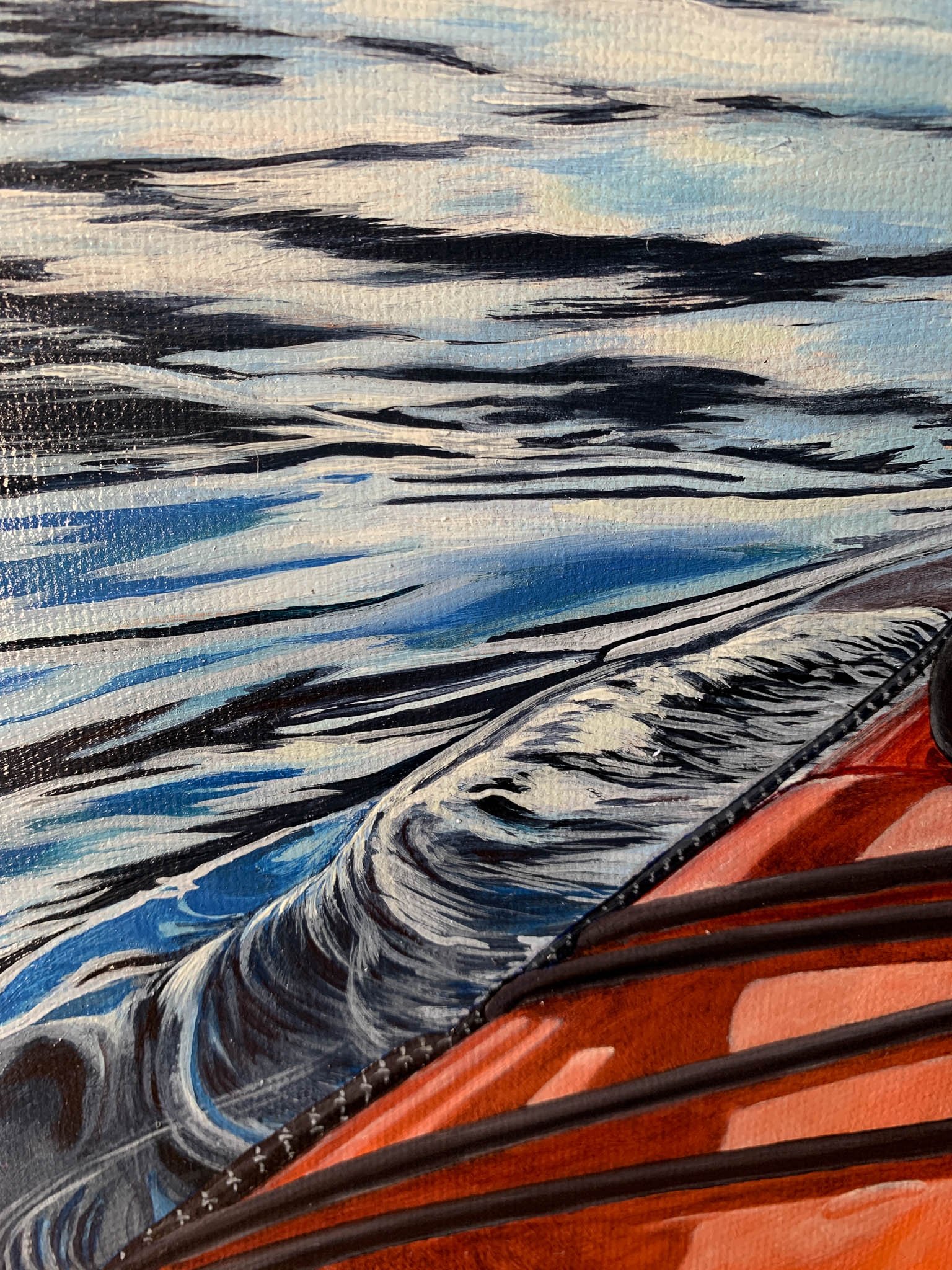 Just Beyond, oil painting on canvas of a kayak against a blue sky and sea at sunrise in Newfoundland. Painting by Chelsea Heresco Parker, source photo courtesy of Peter Yates, @thewaytothesea.