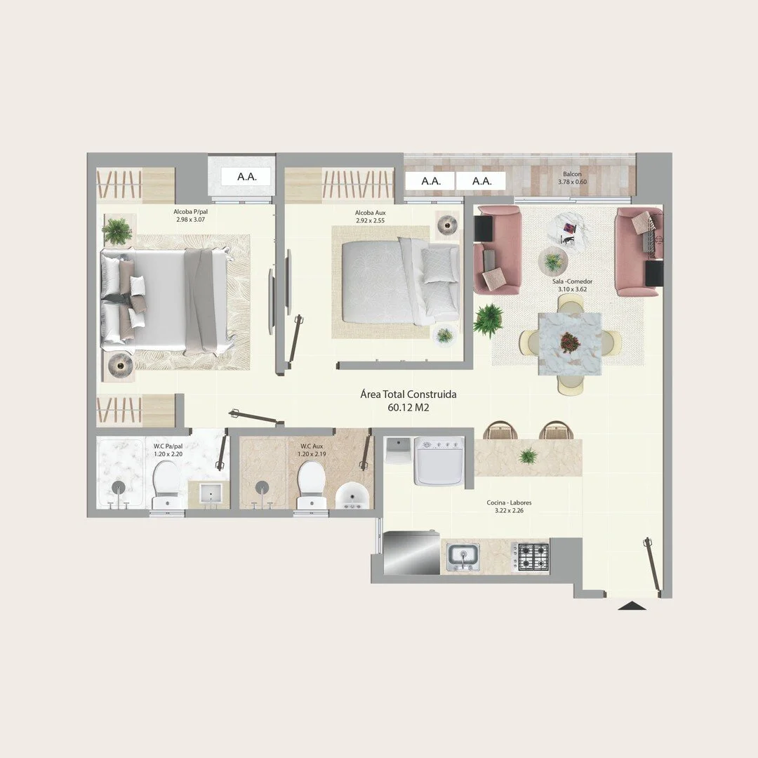 Conoce nuestro apartamento de 60.12 m2: Un espacio c&oacute;modo y acogedor, con 
2 alcobas, 2 ba&ntilde;os, cocina abierta, pantry, sala - comedor y balc&oacute;n. 

💰 Desde $278,785,539
📍 Cra. 64C # 94-57 Barranquilla
📱 315 635 7454 &amp; 311 66