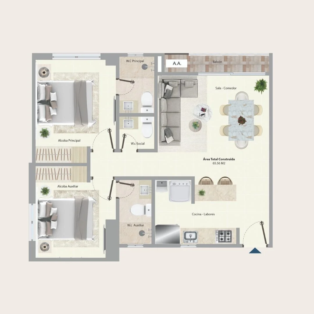 Conoce nuestro apartamento de 65 m2: Un espacio c&oacute;modo y acogedor, con 
2 alcobas, 2 ba&ntilde;os, cocina abierta, pantry, sala - comedor y balc&oacute;n. 

💰 Desde $302,909,776
📍 Cra. 64C # 94-57 Barranquilla
📱 315 635 7454 &amp; 311 667 7