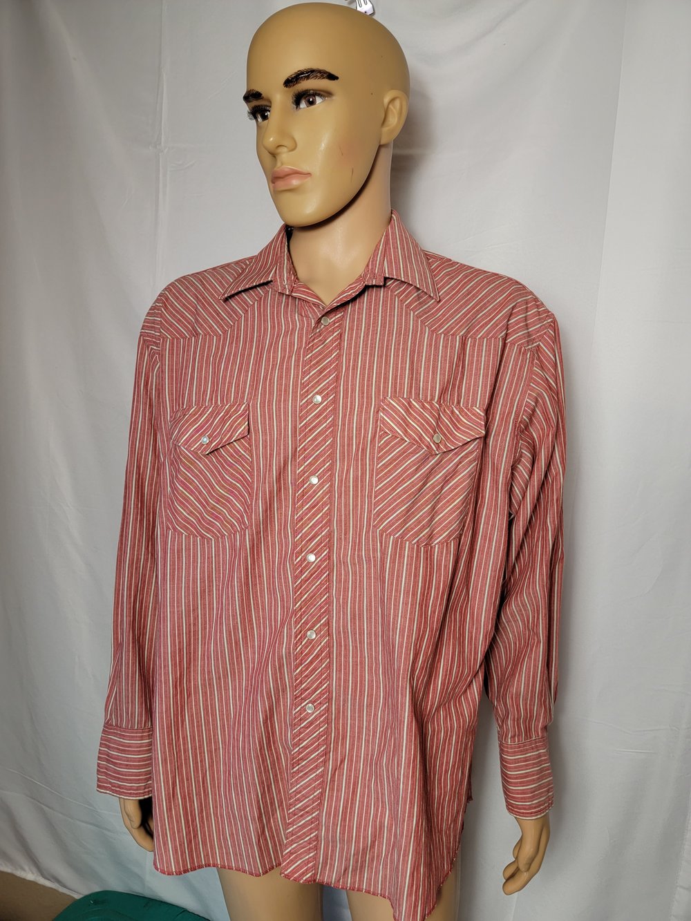 Vintage wrangler red white Striped pearl snap button up long sleeve 2xl   35 — JtsHeroeShop