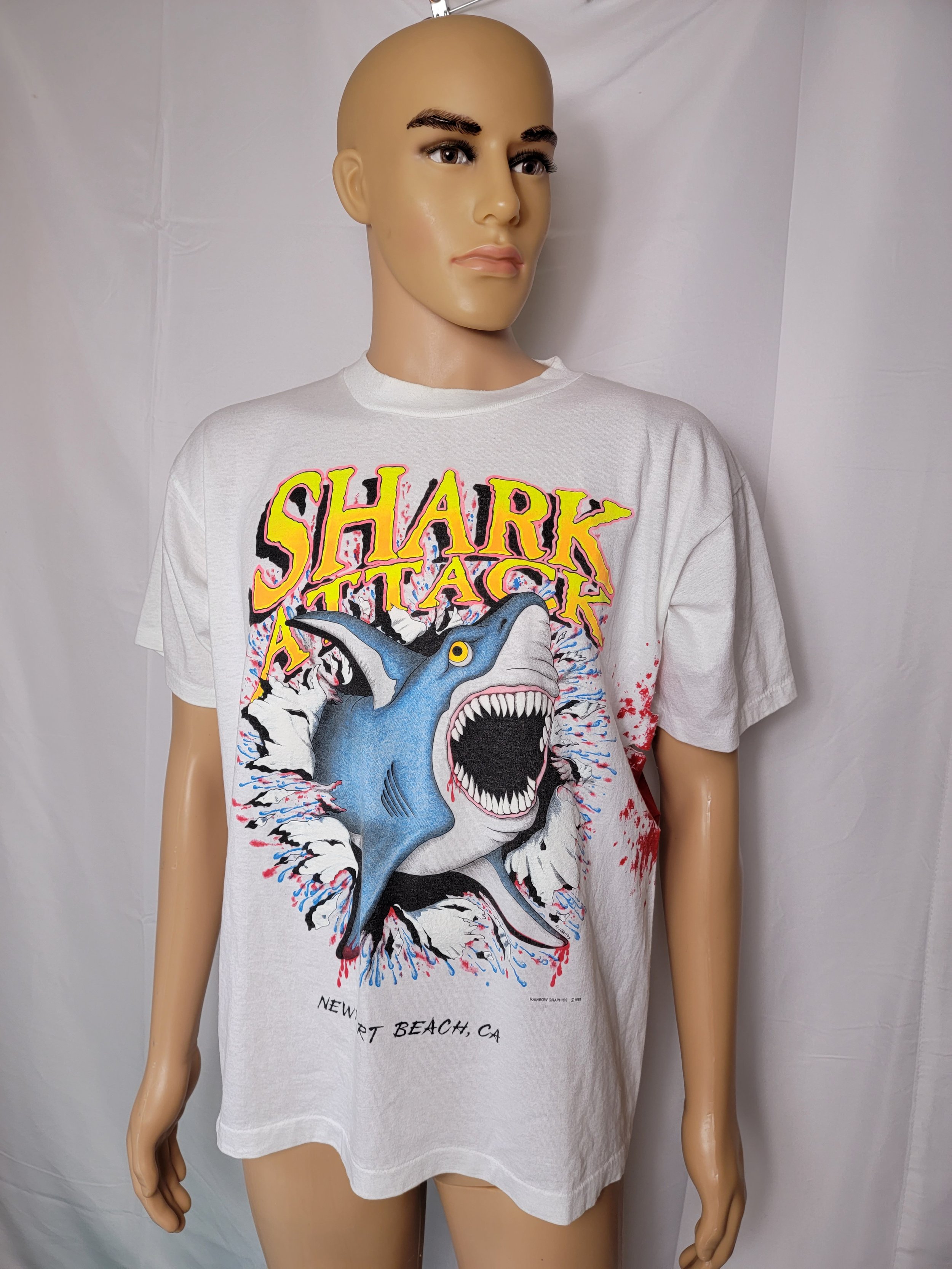 Vintage 1993 shark attack double sided single stitch tee shirt