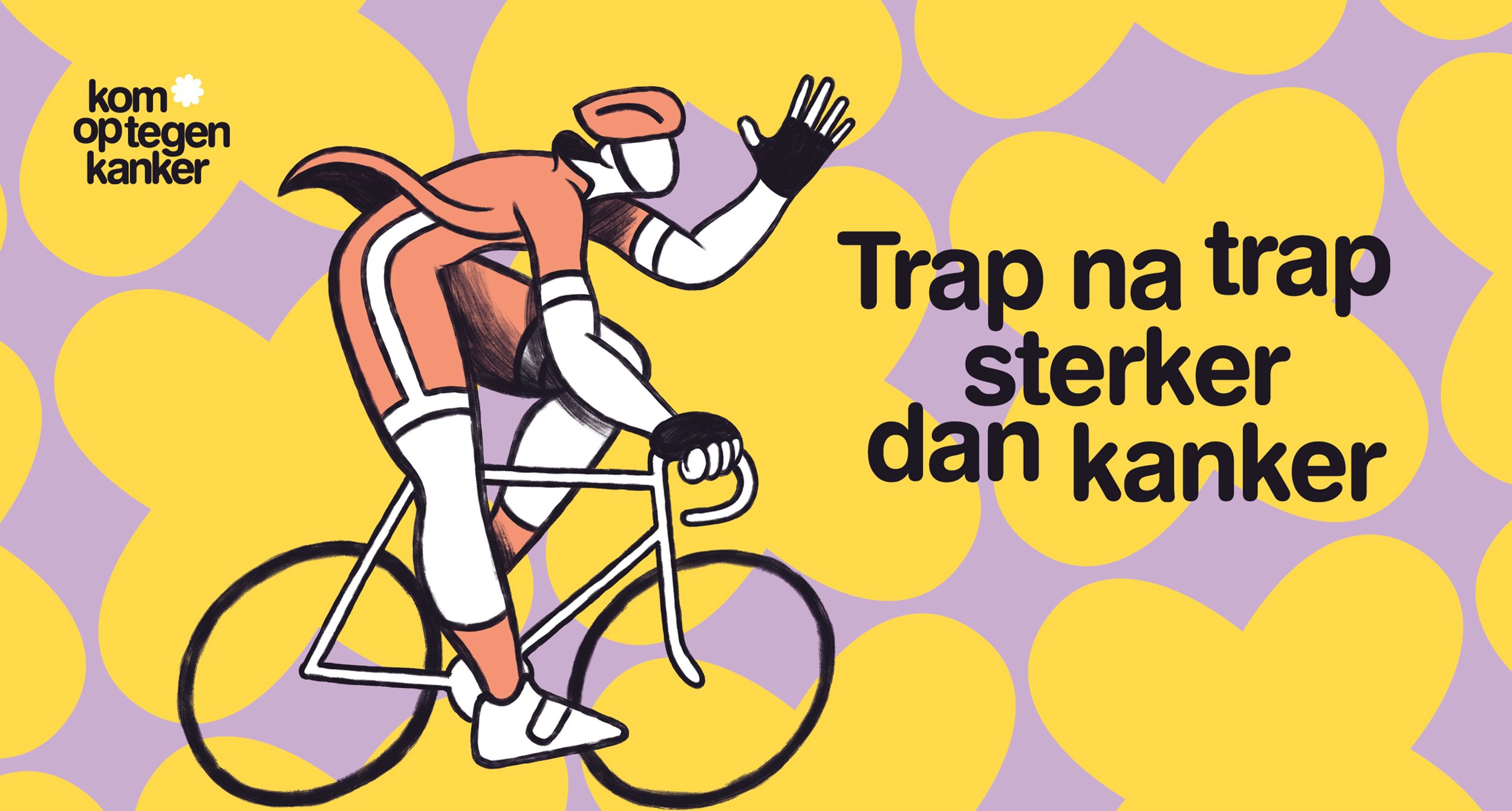  Nederlands: een nieuwe stijl voor de 1000 km, het sportieve event van Kom op tegen Kanker. Kleurrijke patronen en zwierige illustraties van lopers vormen de basis voor alle spandoeken, podia, infoborden, wielerkledij en alle andere inkleding van het