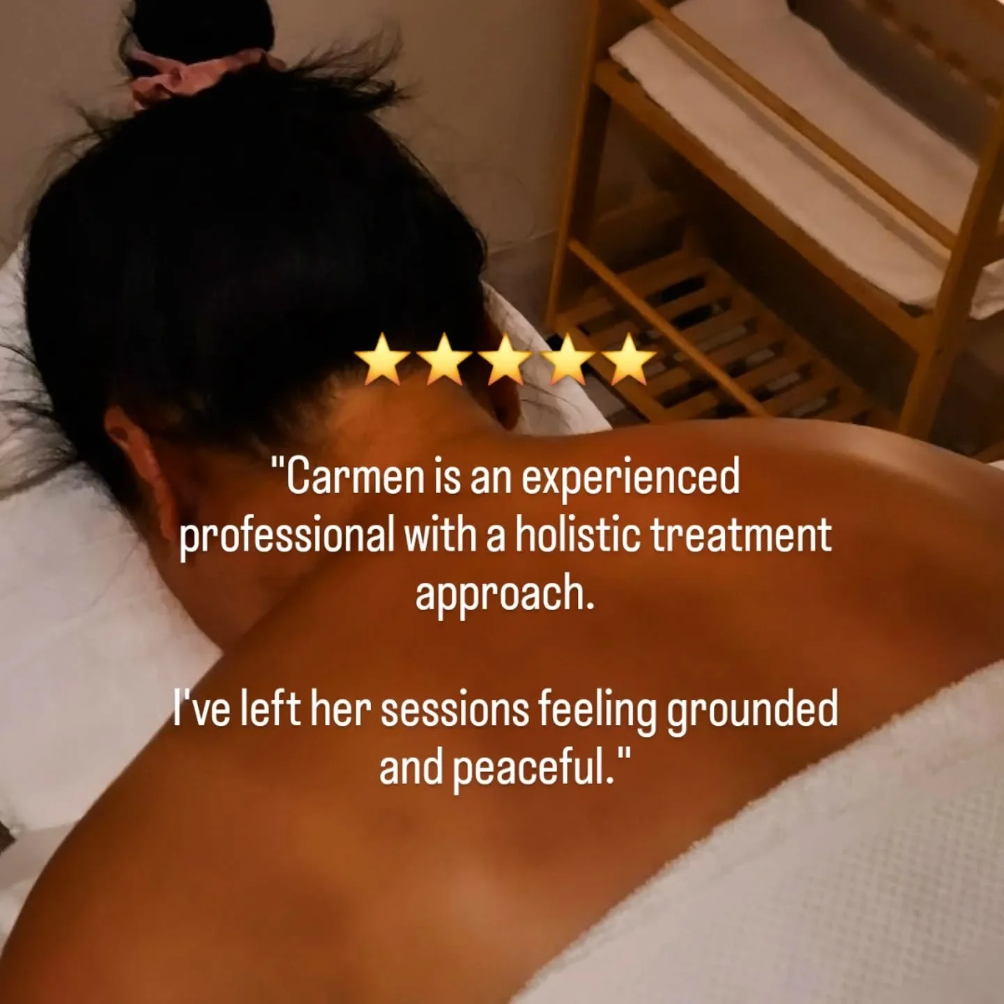 What our clients are saying...

New 5 star google review:

"Carmen is an experienced professional with a holistic treatment approach.
I've left her sessions feeling grounded and peaceful." - Aislinn M

Book your home visit to Melbourne's in