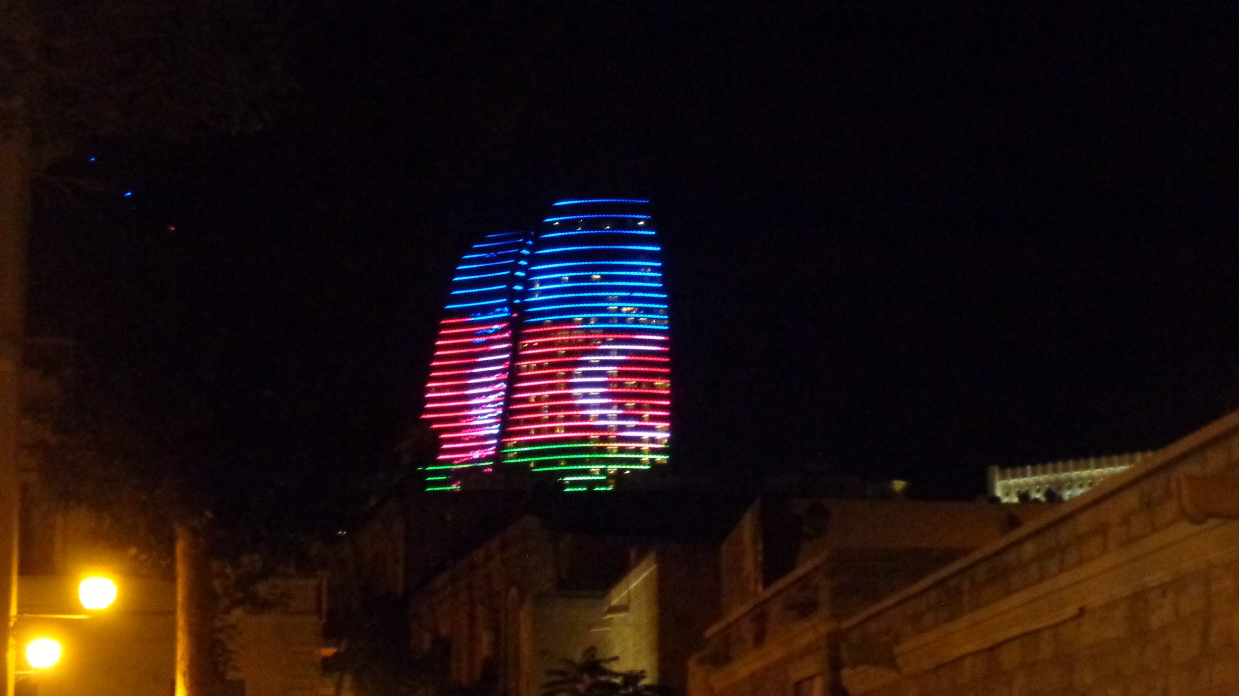 DSC00804 Flame Towers with the Arzeibaijan flag Colours.JPG