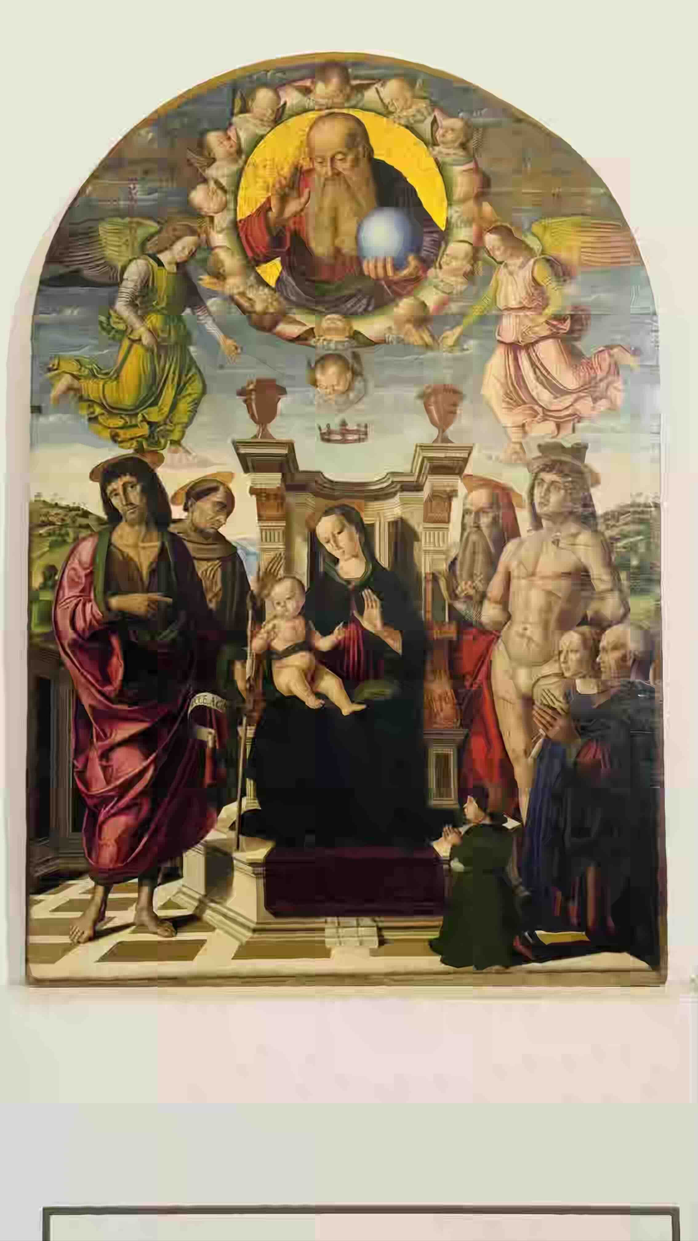 130 Giovanni Santi, Madonna col Bambino in trono e i Santi Giovanni Battista, Francesco d'Assisi, Girolamo, Sebastiano e la Famiglia Puffi (Pala Puffi) .jpeg