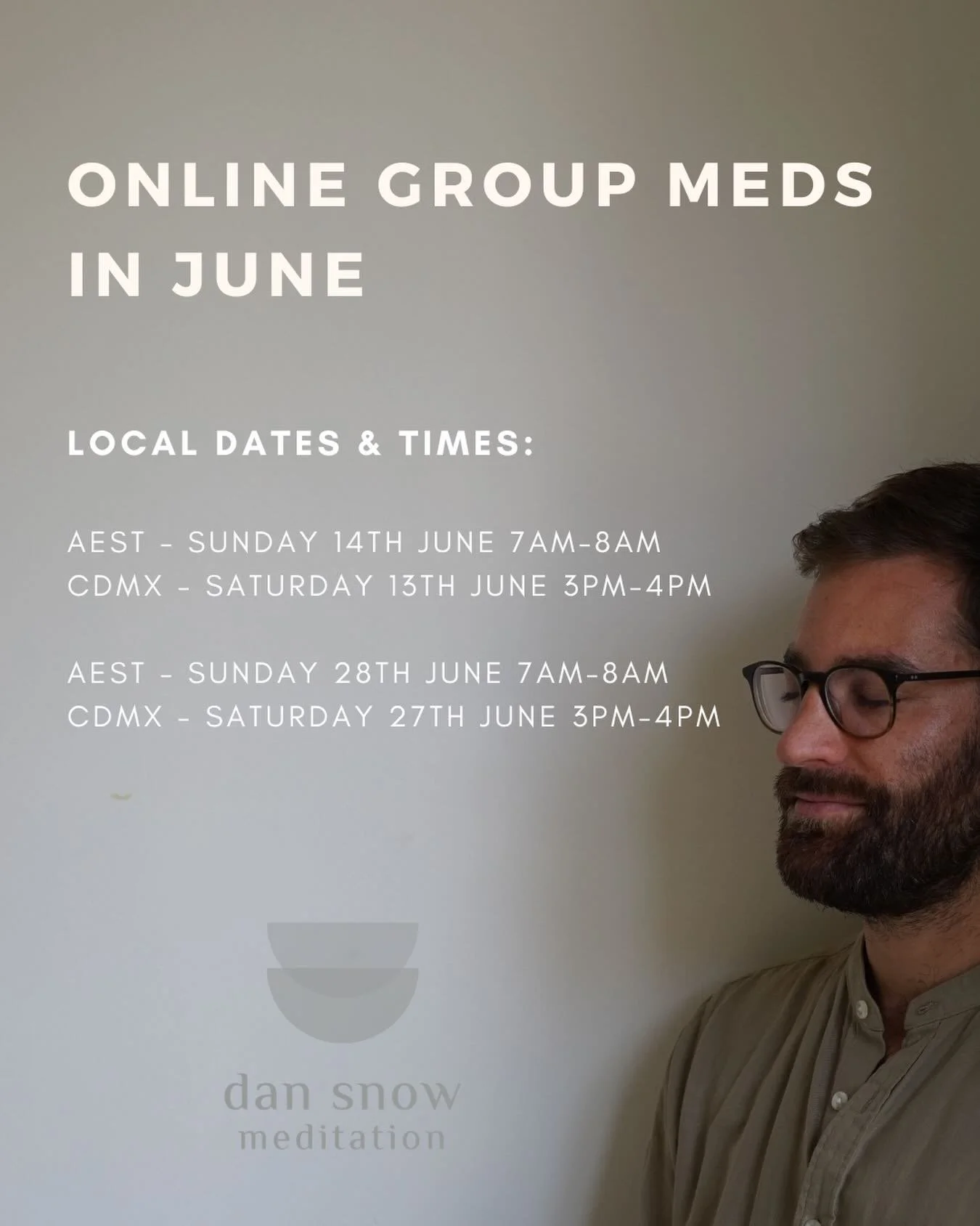 A couple of online group meditations coming up this month, starting this weekend!⁣
⁣
𝗔𝗘𝗦𝗧 🇦🇺 ⁣
Sunday 14 June, 7am-8am⁣
Sunday 28 June, 7am-8am ⁣
⁣
𝗖𝗗𝗠𝗫 🇲🇽 ⁣
Saturday 13 June, 3pm-4pm⁣
Saturday 27 June, 3pm-4pm⁣
⁣
Open to all Vedic medita
