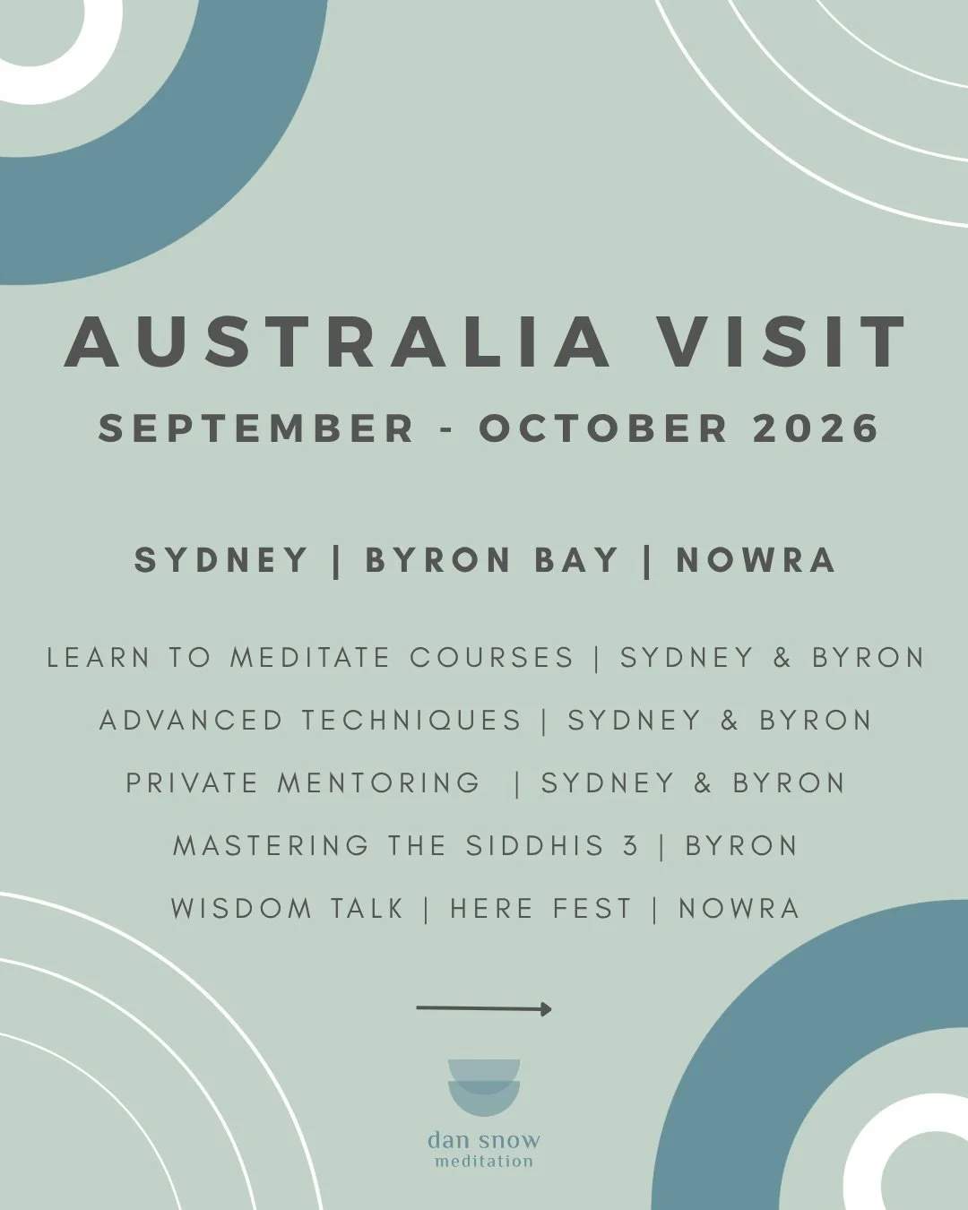 🇦🇺𝗔𝗨𝗦𝗧𝗥𝗔𝗟𝗜𝗔 &middot; 𝗦𝗘𝗣𝗧𝗘𝗠𝗕𝗘𝗥&ndash;𝗢𝗖𝗧𝗢𝗕𝗘𝗥 𝟮𝟬𝟮𝟲⁣
⁣
This September and October I&rsquo;ll be teaching in Sydney, Byron Bay and Nowra, offering a series of opportunities to learn Vedic Meditation, deepen an established 