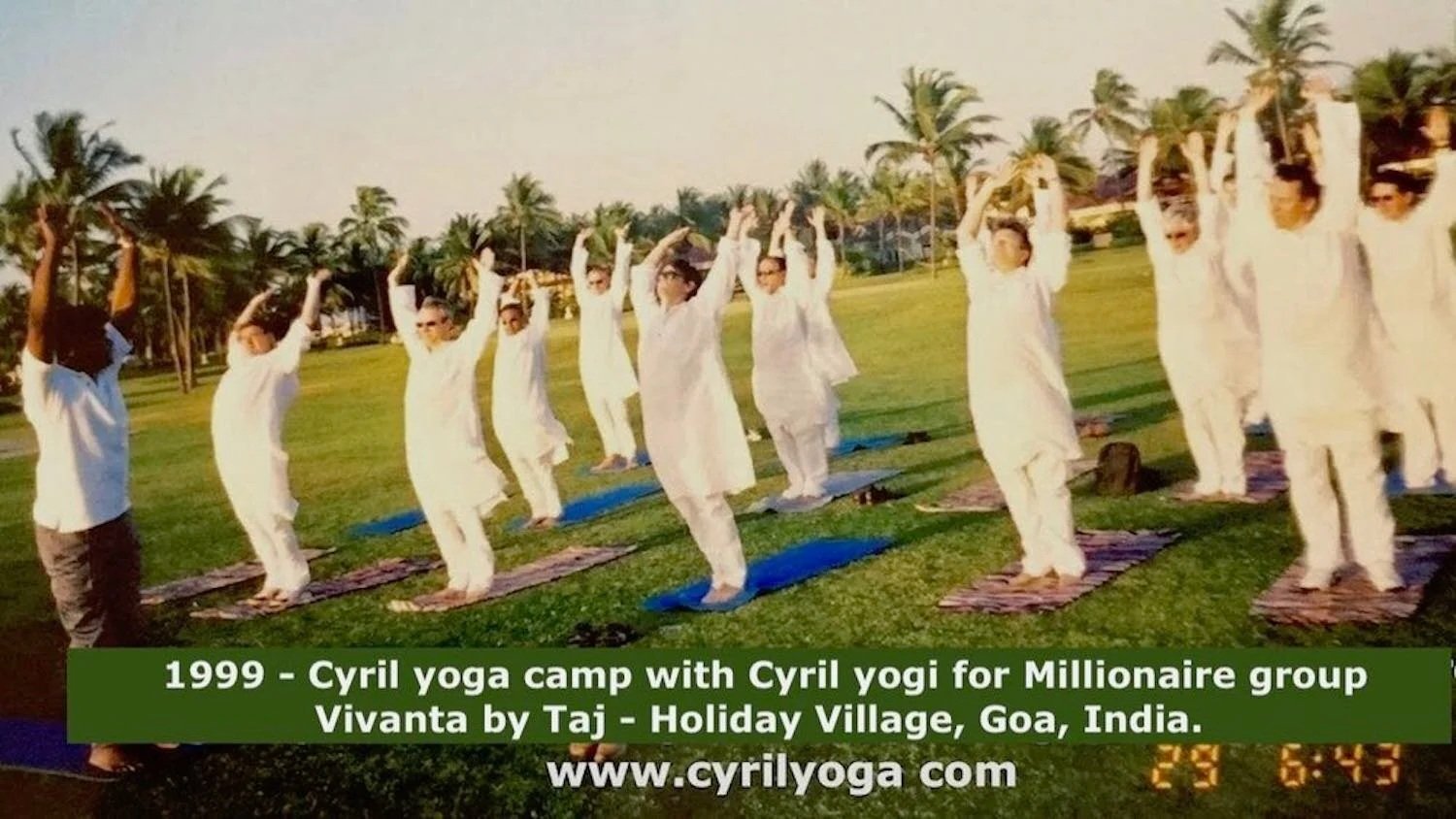A group of people practicing yoga outdoors on mats in a field with palm trees in the background.