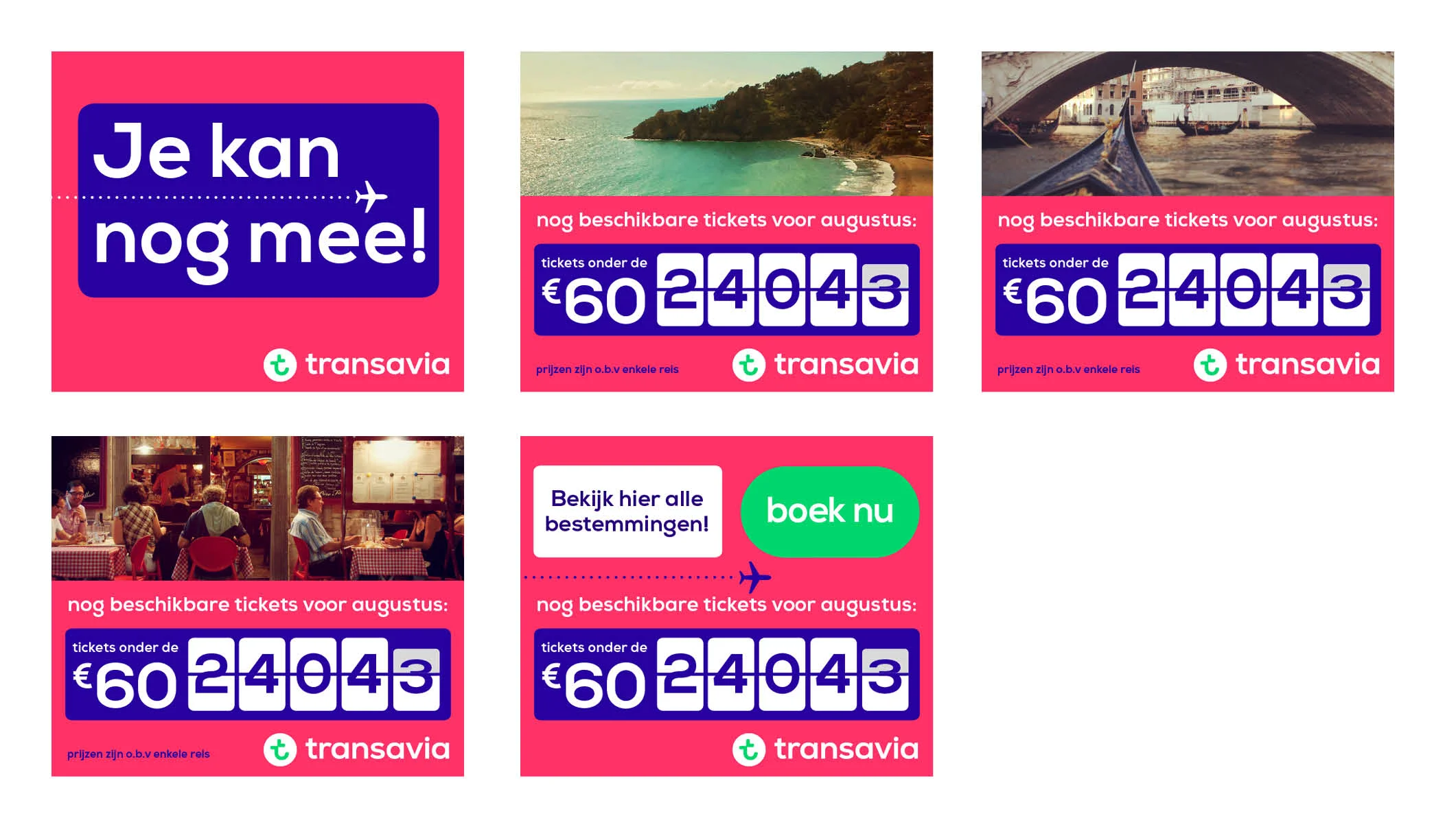  Banners met de actuele beschikbare tickets naar diverse bestemmingen.   