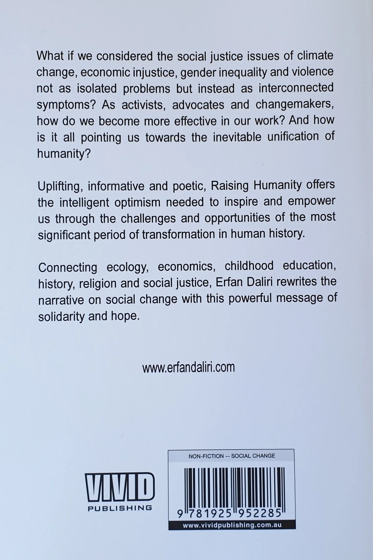 The blurb of Erfan Daliri's latest book, Raising Humanity - a guidebook for social change