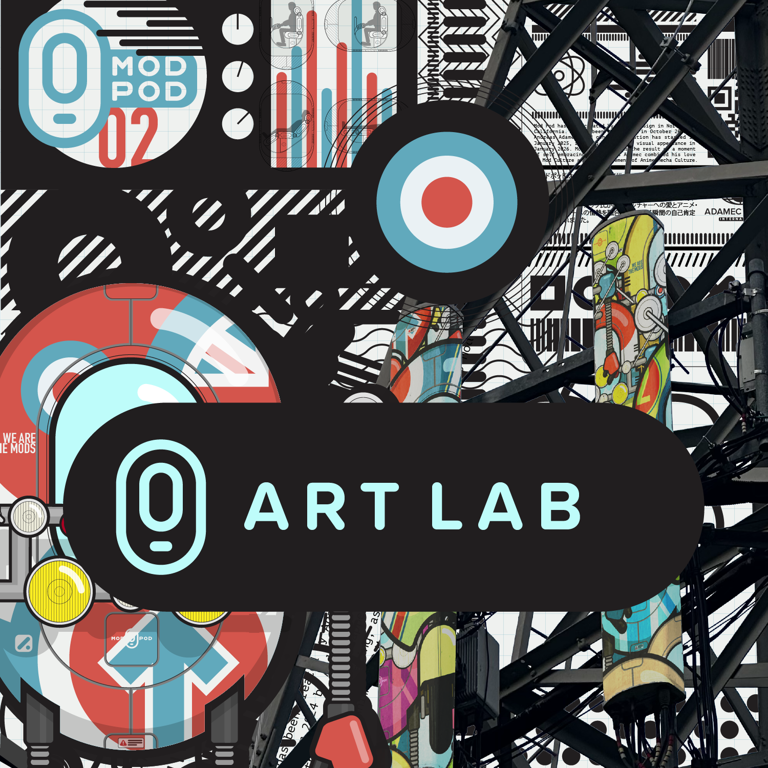 A collage featuring digital graphics, circuit diagrams, bar graphs, and illustrations of mechanical parts with the text 'ART LAB' and a logo resembling a stylized robot face.